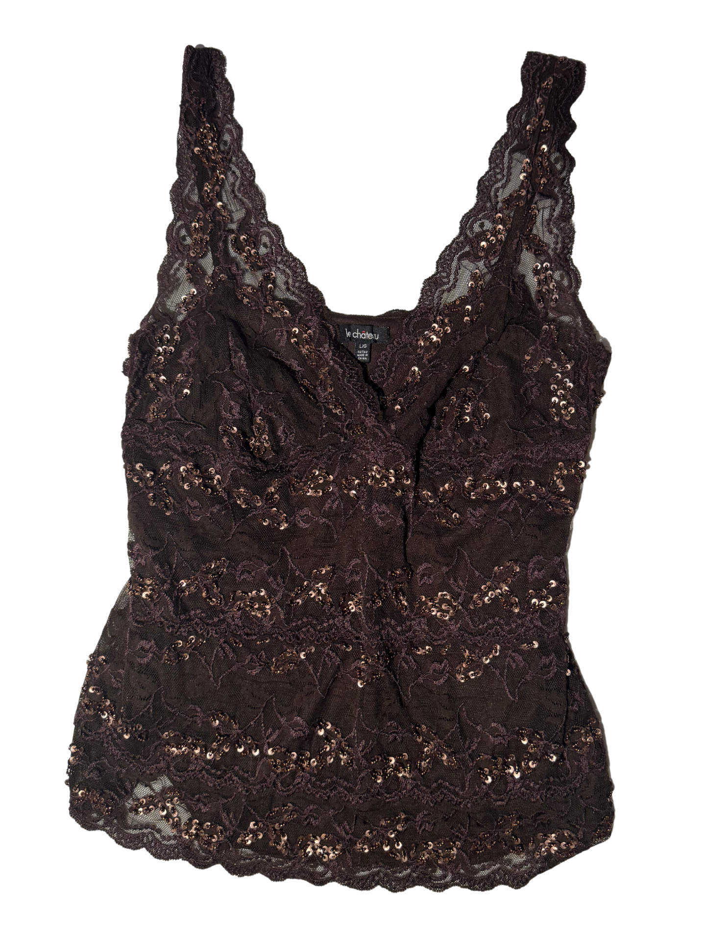 A090: “her name is serena” | Y2K embellished lace sequin top - brown