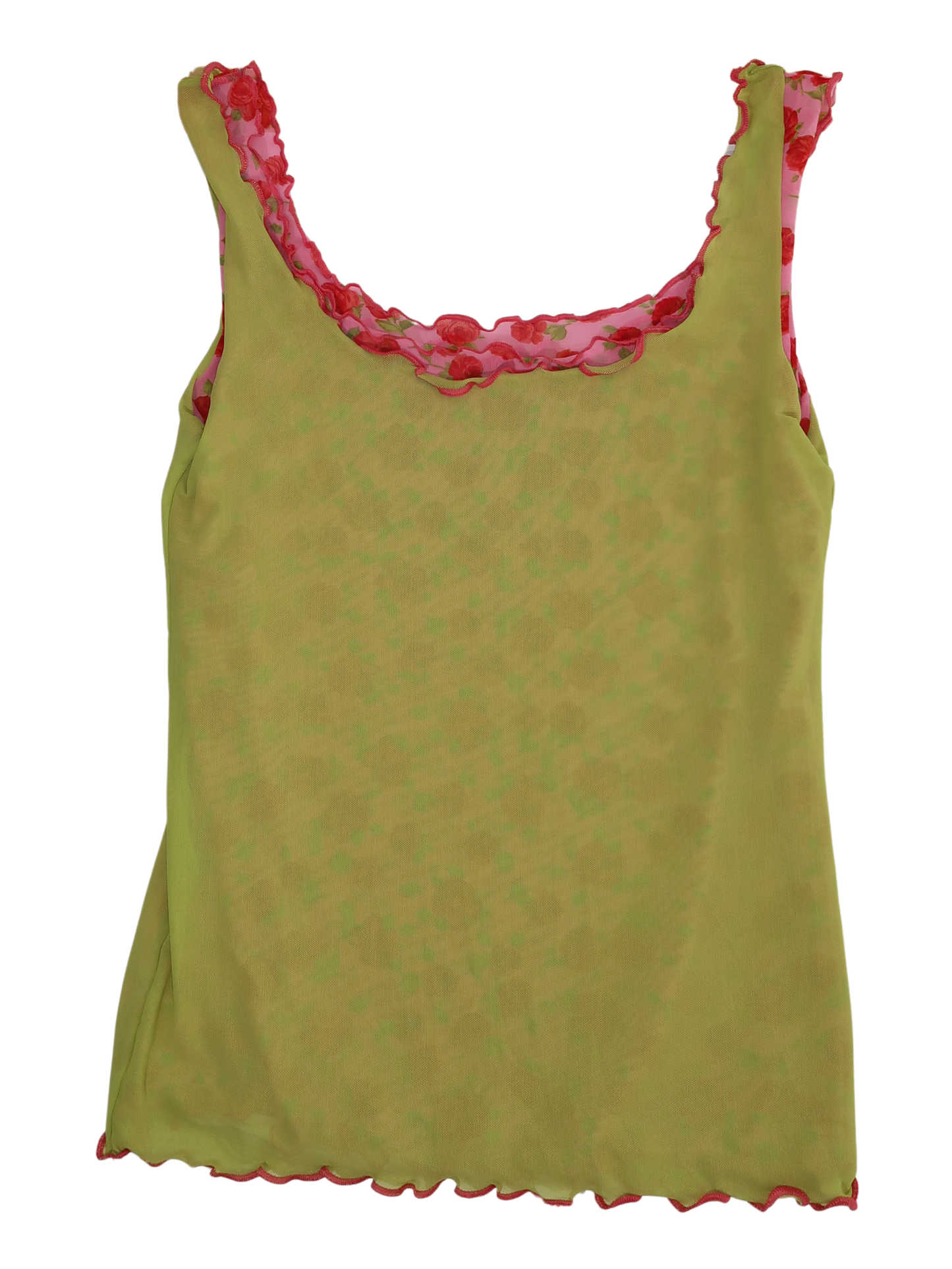 A045: “coming out roses” | double lined, reversible pink and green mesh rose tank top