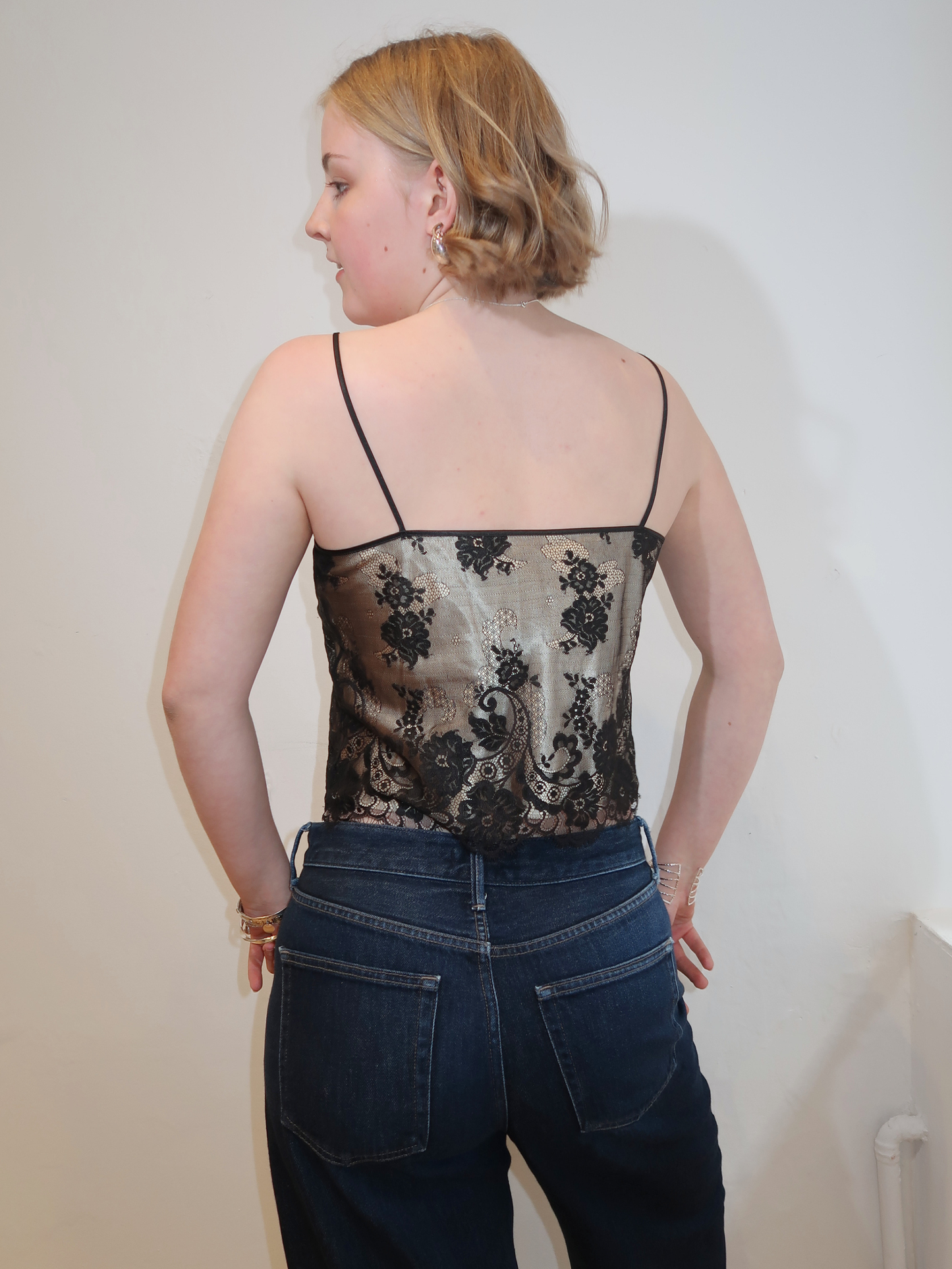 A034: “gold rush lace” | black laced, square necked cami