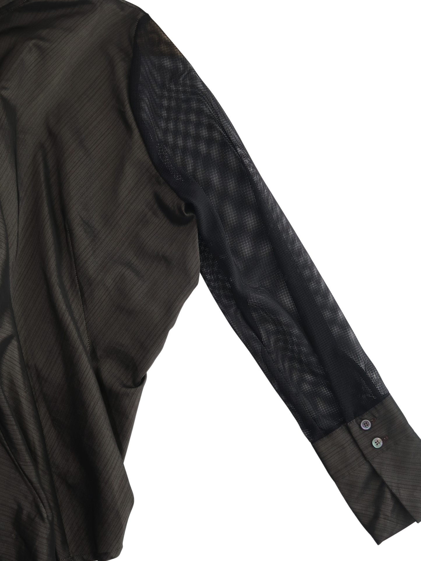 A036: “business on the body, party on the sleeves” | brown rosette collared shirt with mesh sleeves