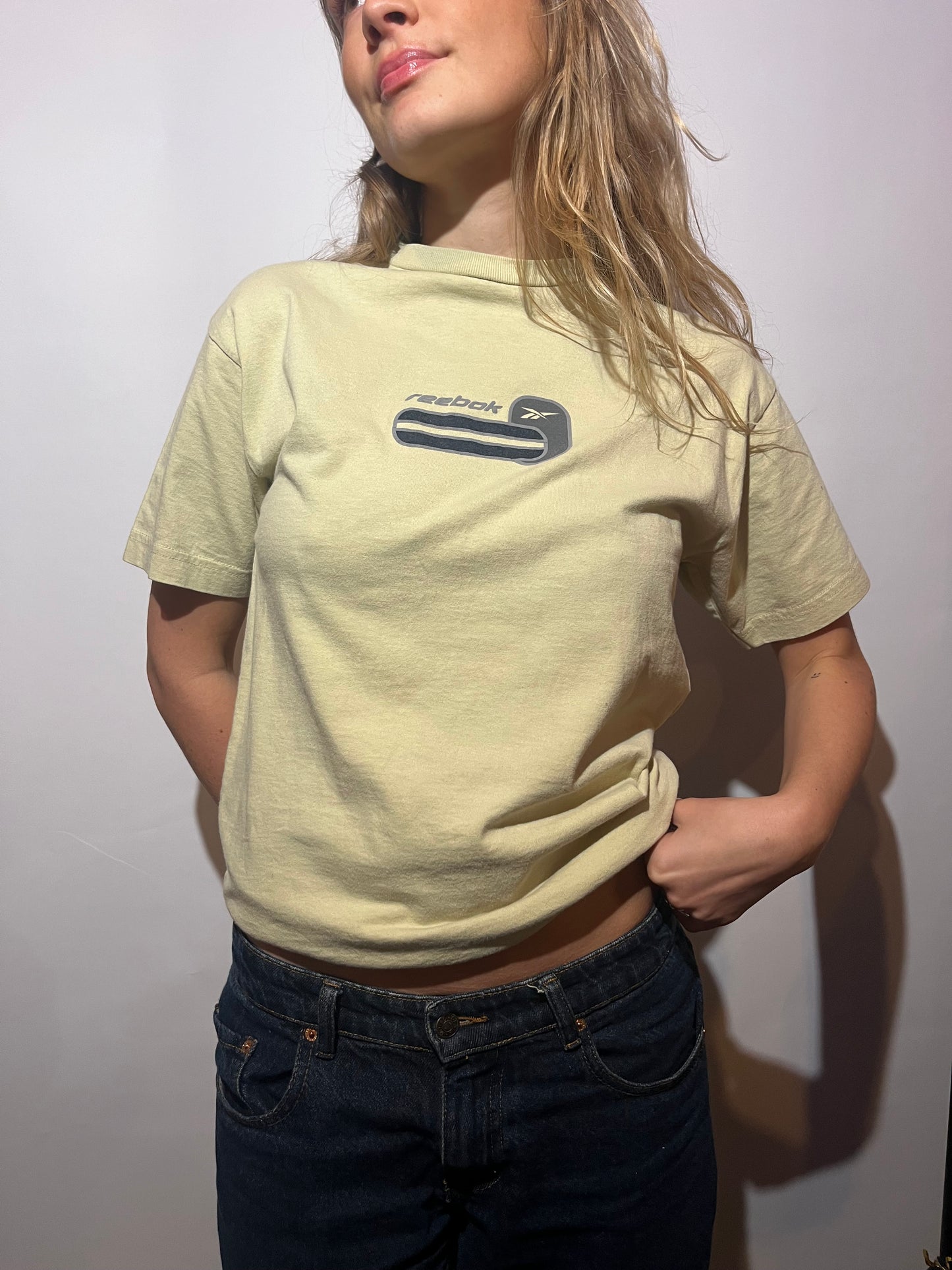 “she was a stoodio girl” | vintage Y2K reebok graphic tee - pistachio green/yellow