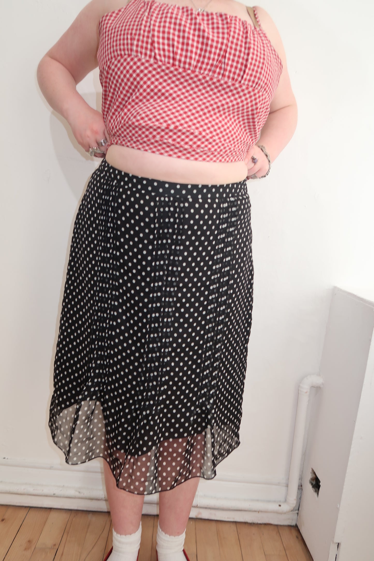 A068: “dot diva” | black polka dot midi skirt