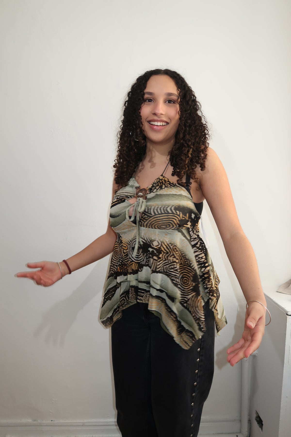 A003: “where have you been all my liiiiiife” | Y2K abstract riri hanky hem cami - sage multi