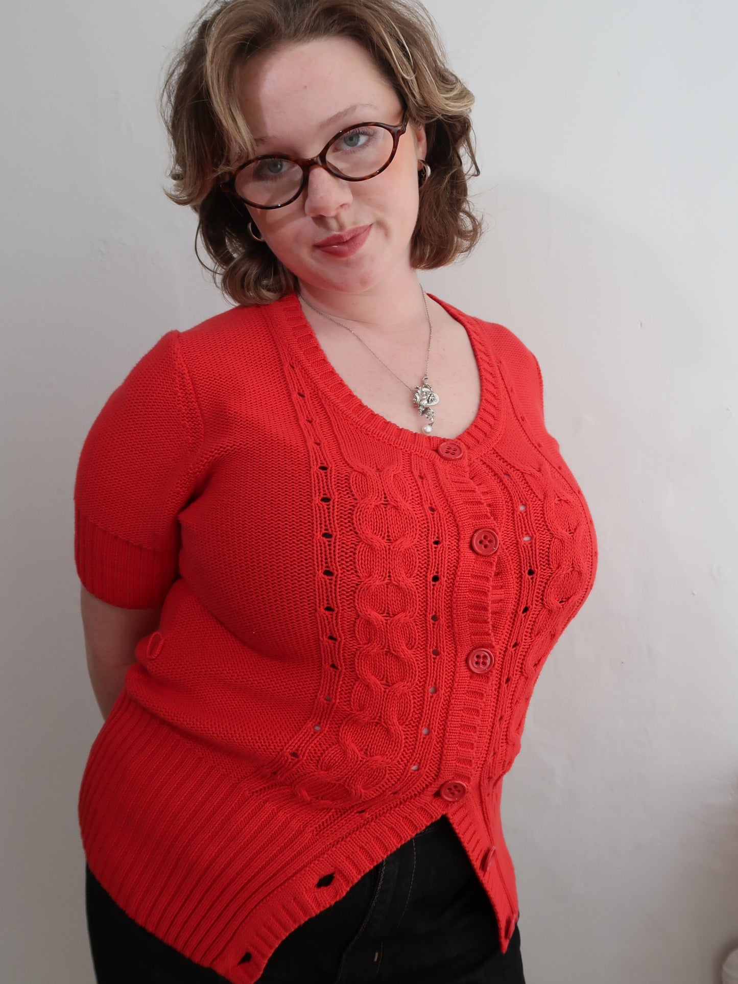 A062: “cool and cosy” | red knit short sleeve cardigan
