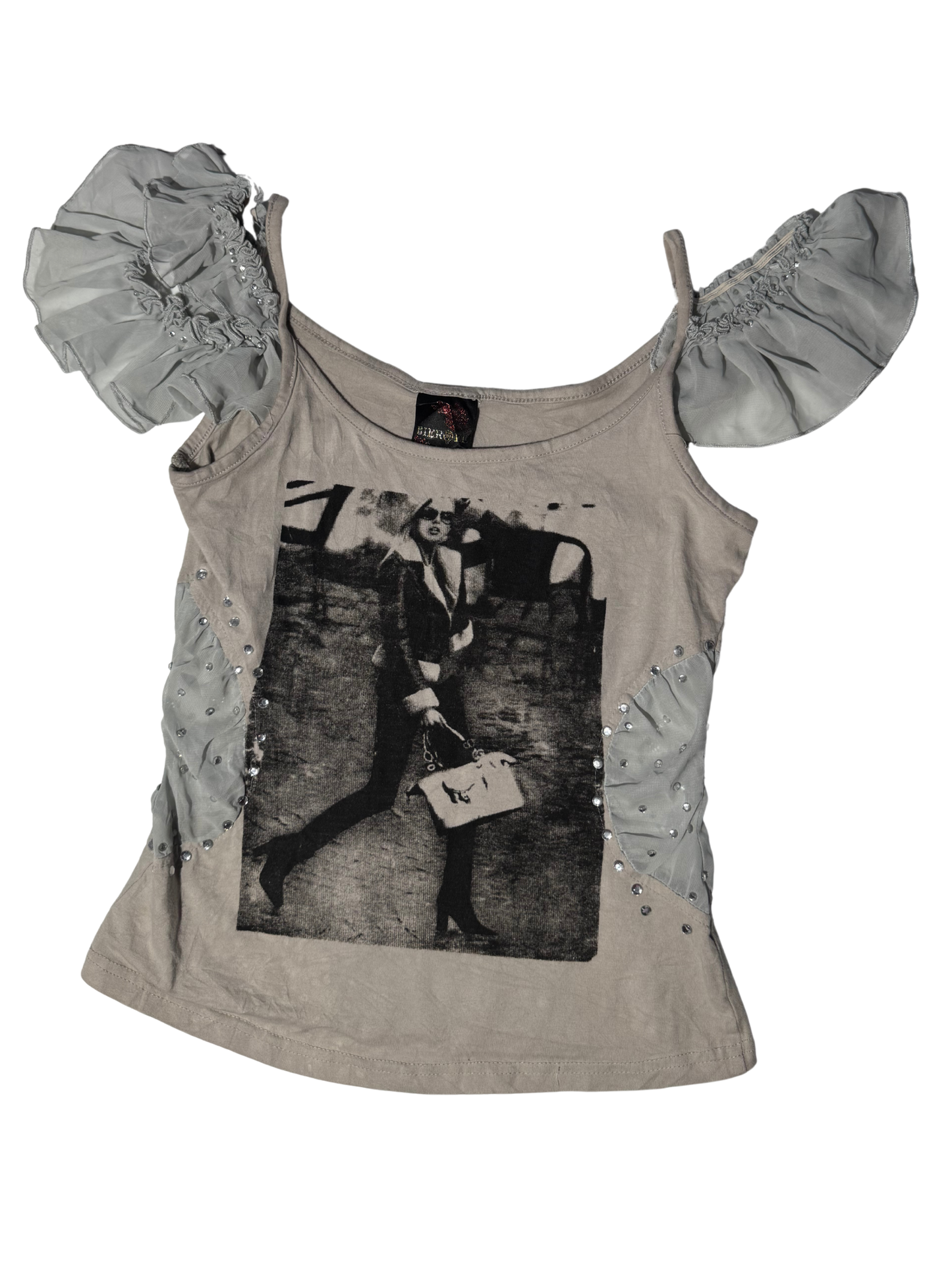 “she was a stoodio girl” | Y2K rhinestone ruffle graphic cami - dove grey
