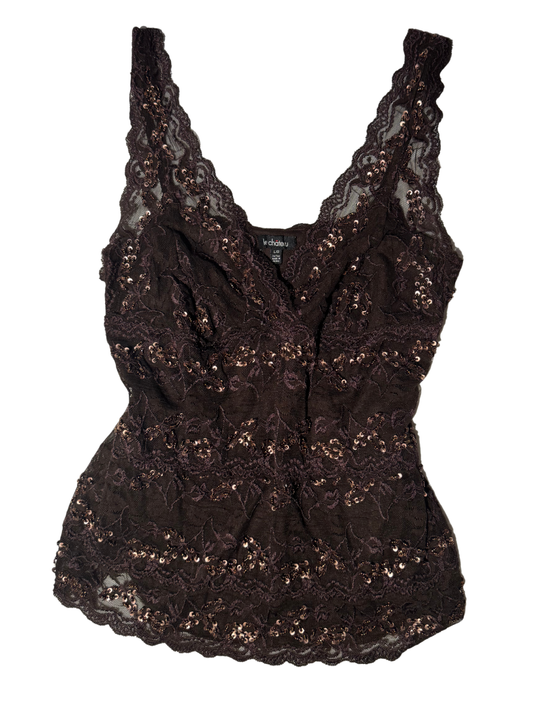 A090: “her name is serena” | Y2K embellished lace sequin top - brown