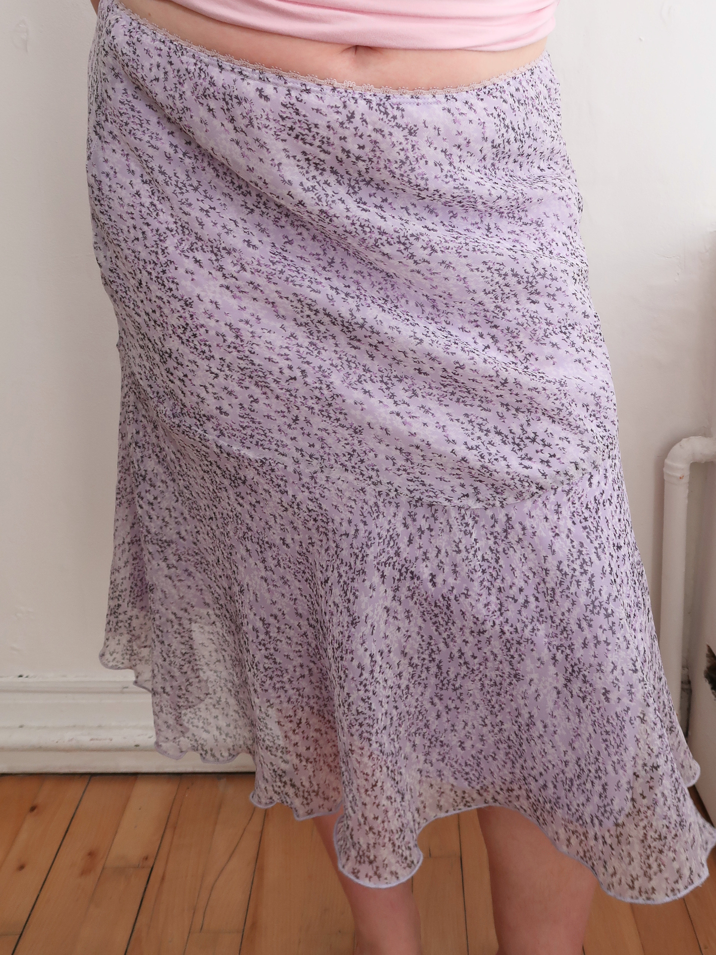 A053: "lavender field" | lavender floral midi skirt with laced waist line