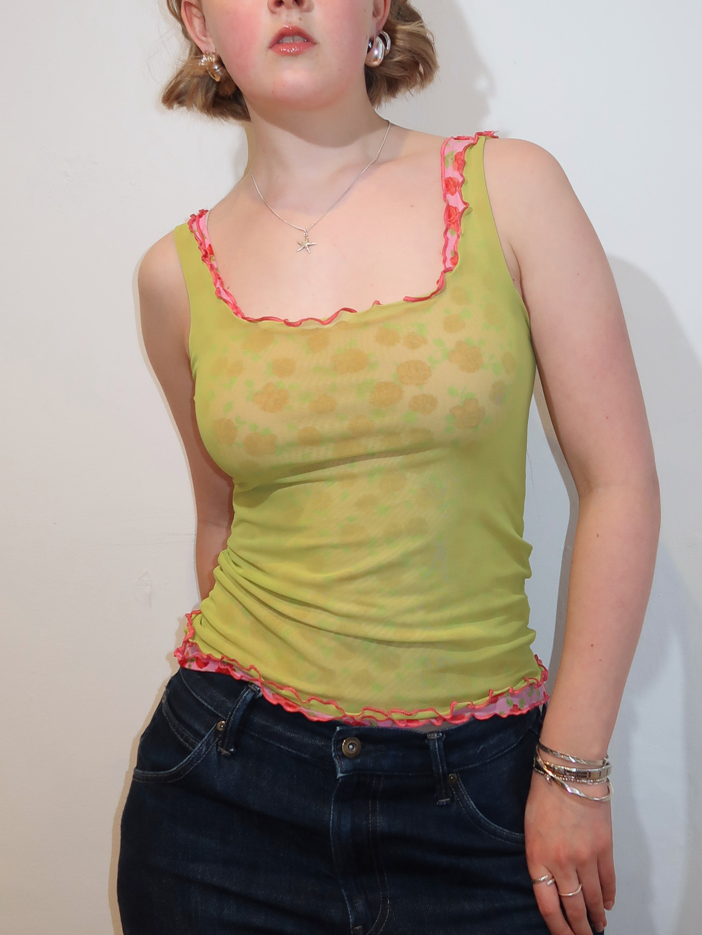 A045: “coming out roses” | double lined, reversible pink and green mesh rose tank top