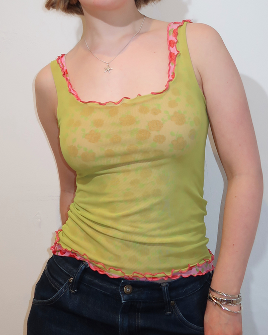 A045: “coming out roses” | double lined, reversible pink and green mesh rose tank top