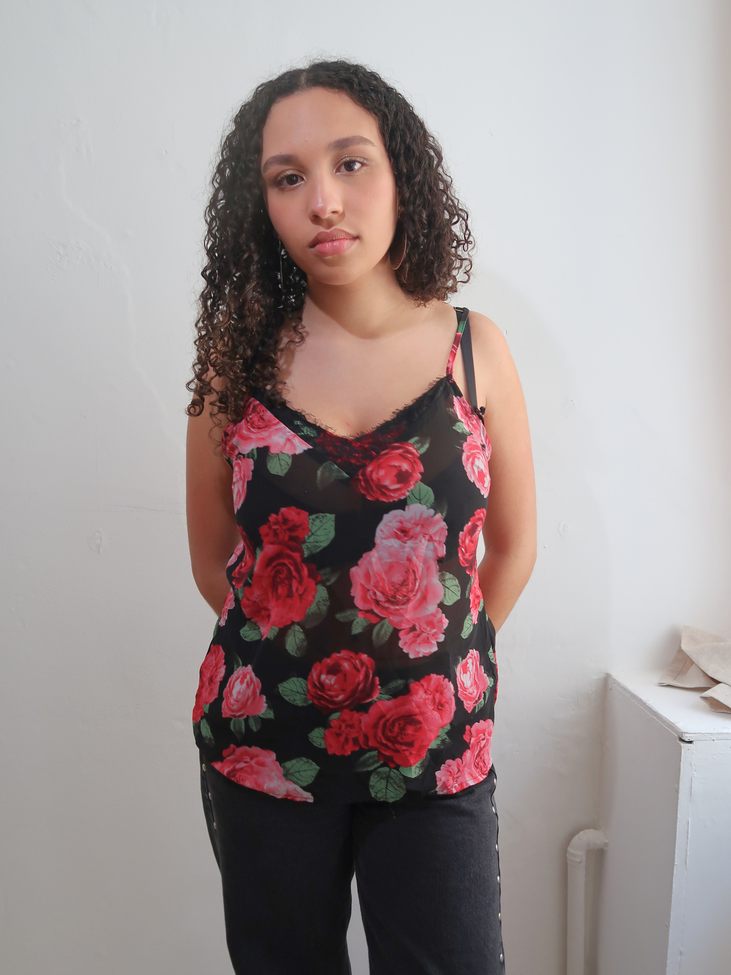 A043: “kiss from a rose” | sheer cami with black lace trim