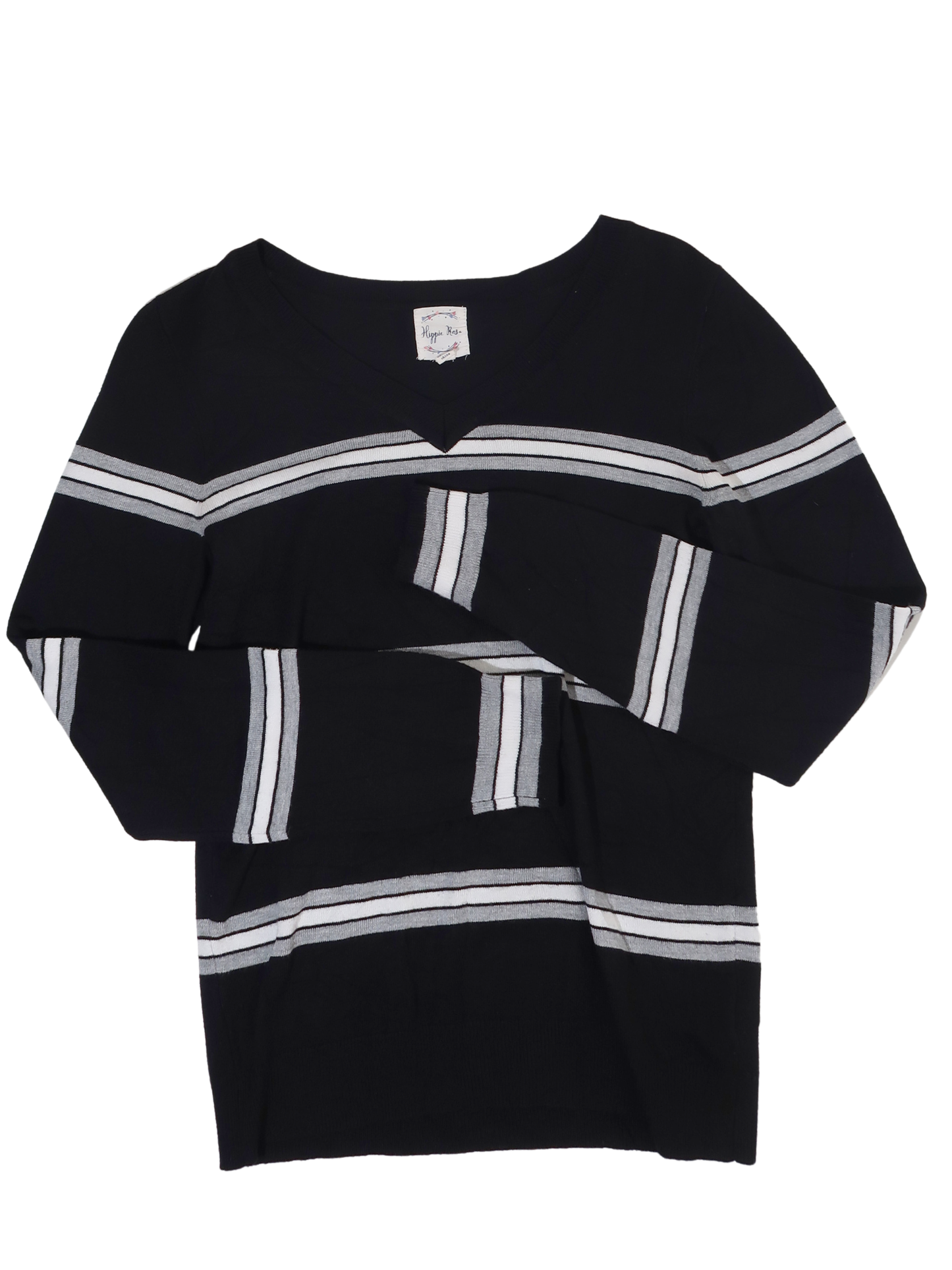 A052: “the intern” | v neck black, white and grey striped jumper.