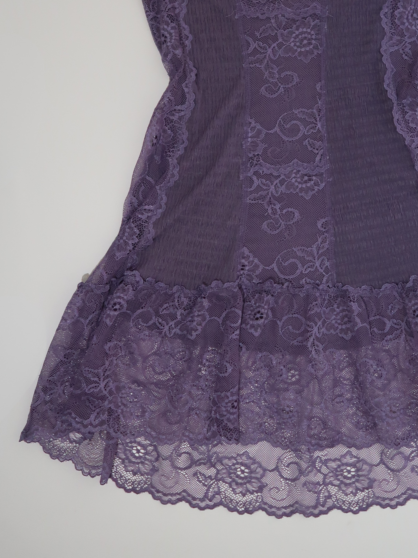 A030: “away with the fairies” | dusk purple sheer mini dress with lace panelling