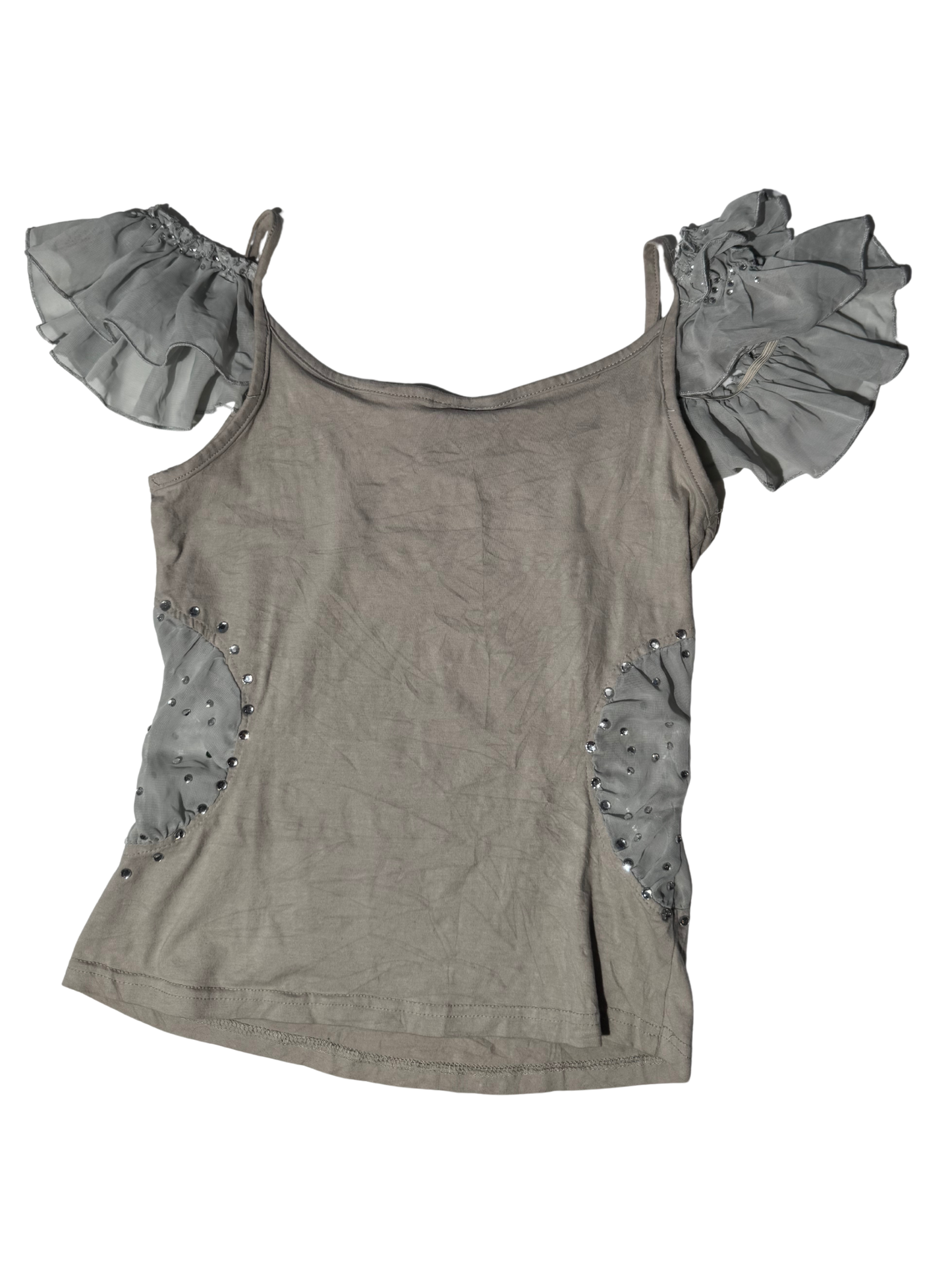 “she was a stoodio girl” | Y2K rhinestone ruffle graphic cami - dove grey