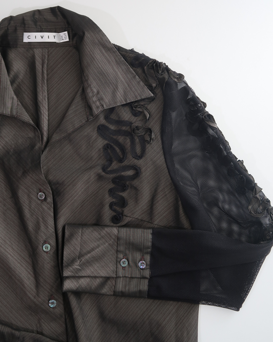 A036: “business on the body, party on the sleeves” | brown rosette collared shirt with mesh sleeves