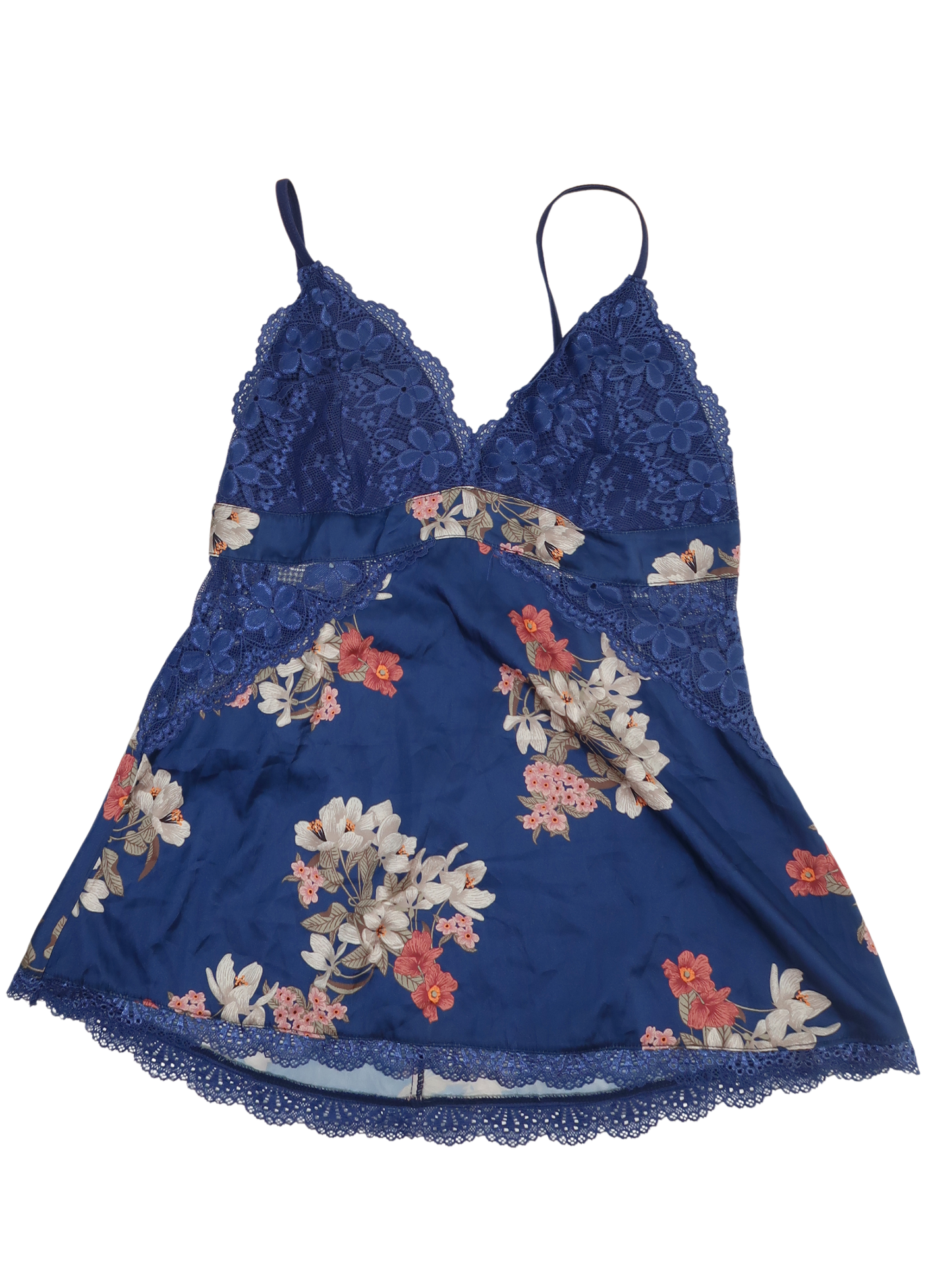 A044: “racey and lacey” | floral royal blue cami with lace cut out detailing