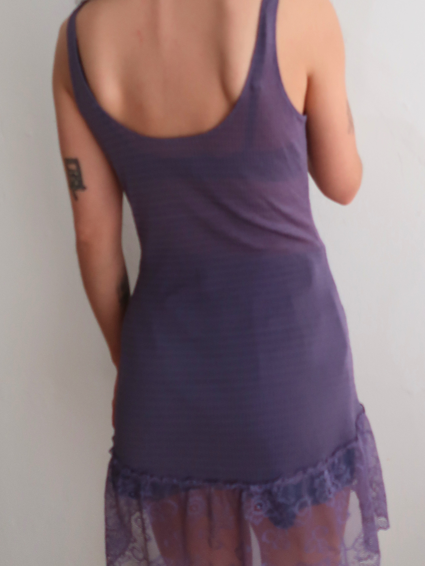 A030: “away with the fairies” | dusk purple sheer mini dress with lace panelling