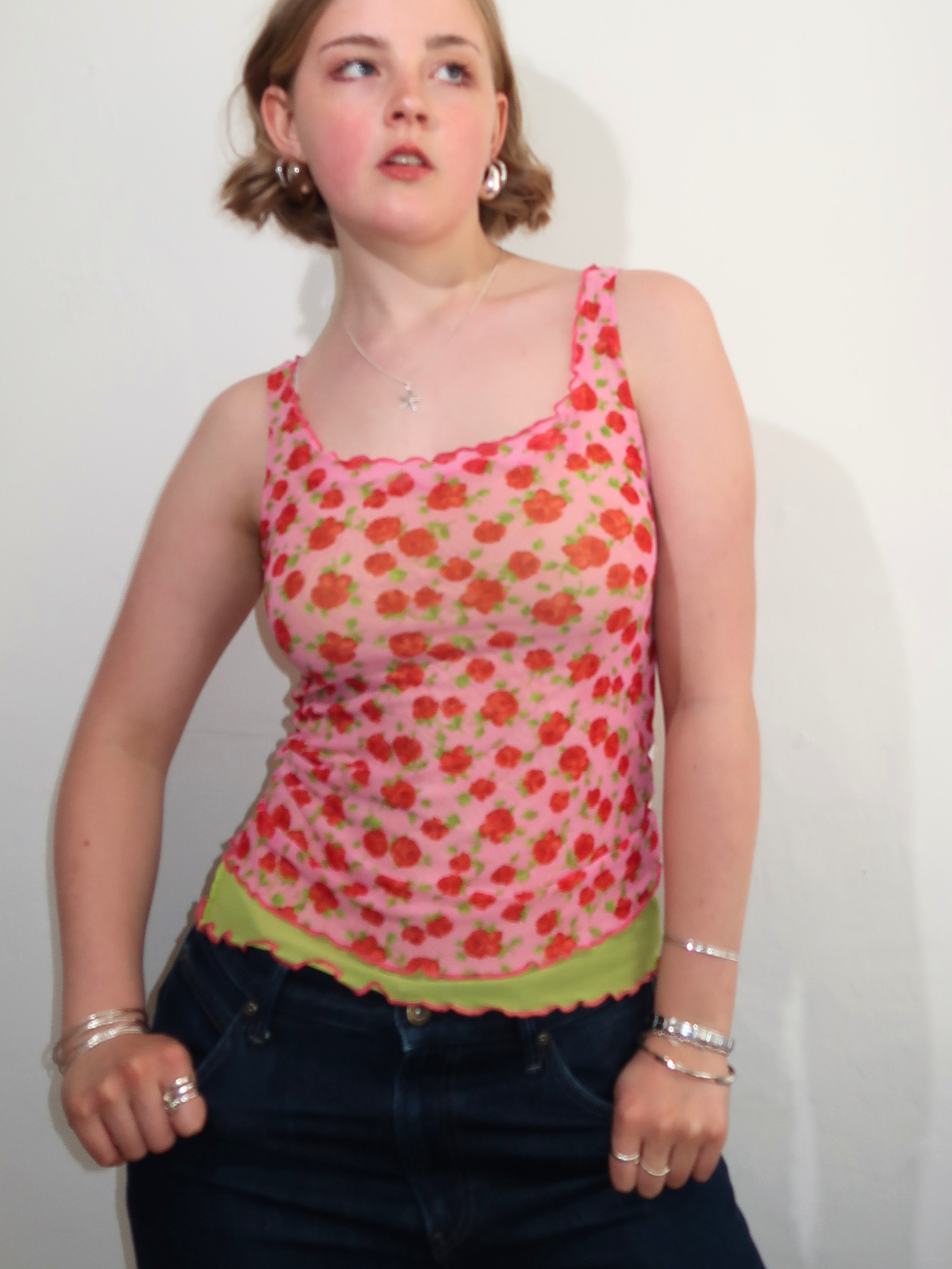 A045: “coming out roses” | double lined, reversible pink and green mesh rose tank top