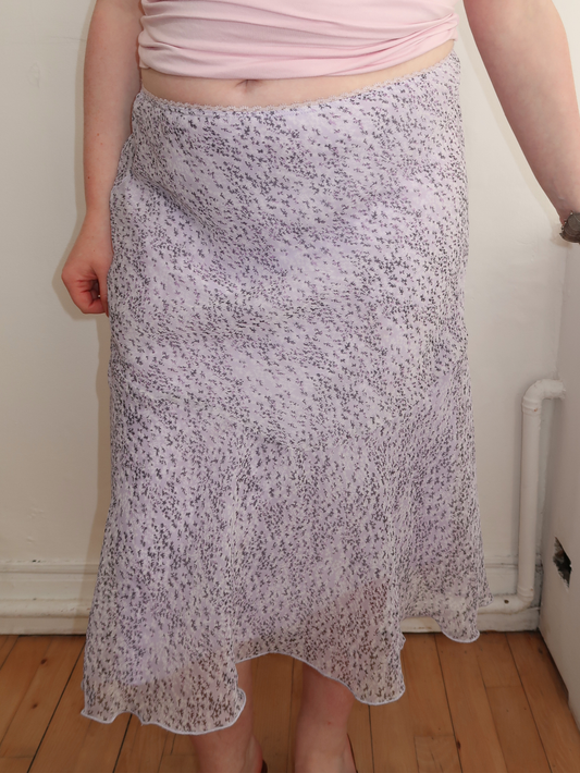 A053: "lavender field" | lavender floral midi skirt with laced waist line