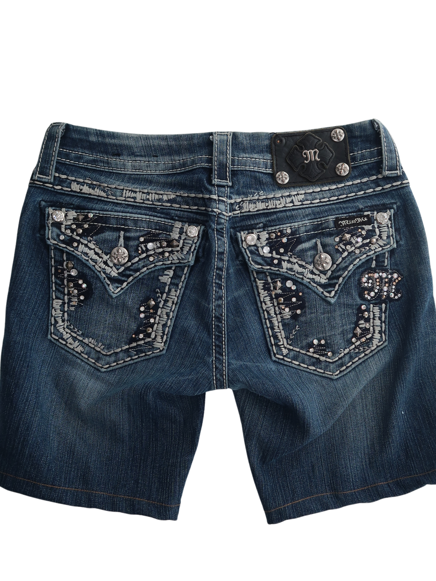 A007: “y2k diva” | denim ‘miss me’ shorts with embellished pockets MISSING BUTTON