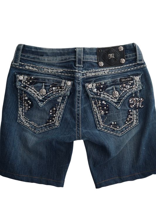 A007: “y2k diva” | denim ‘miss me’ shorts with embellished pockets MISSING BUTTON