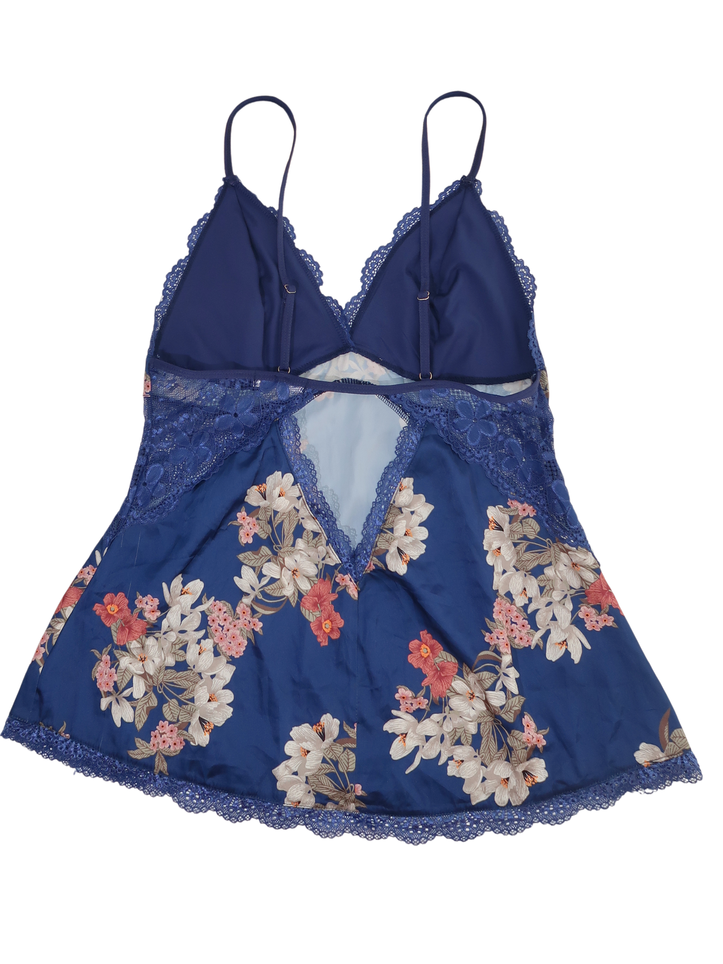 A044: “racey and lacey” | floral royal blue cami with lace cut out detailing