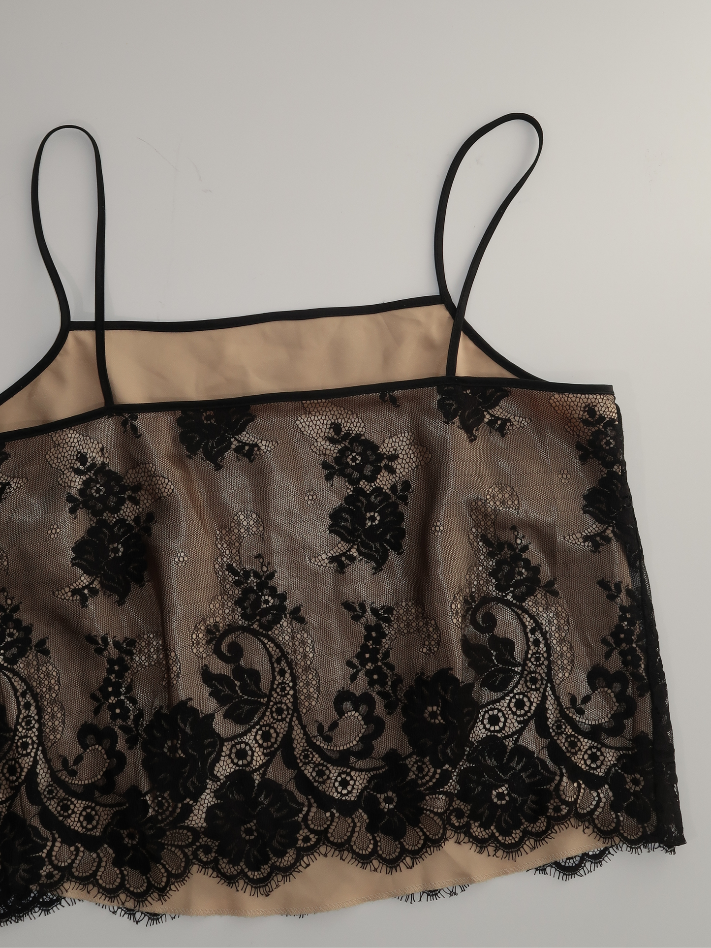 A034: “gold rush lace” | black laced, square necked cami