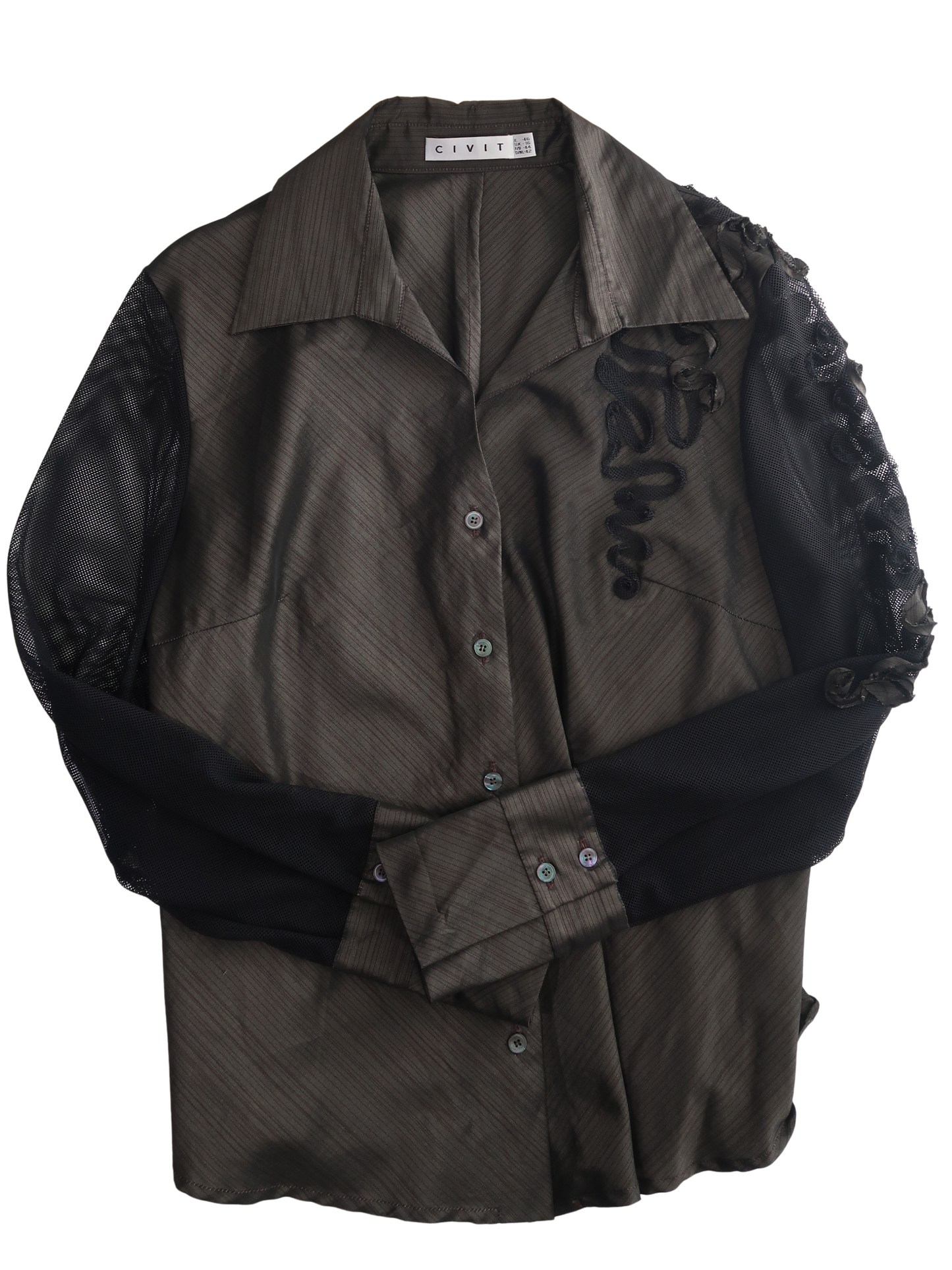A036: “business on the body, party on the sleeves” | brown rosette collared shirt with mesh sleeves