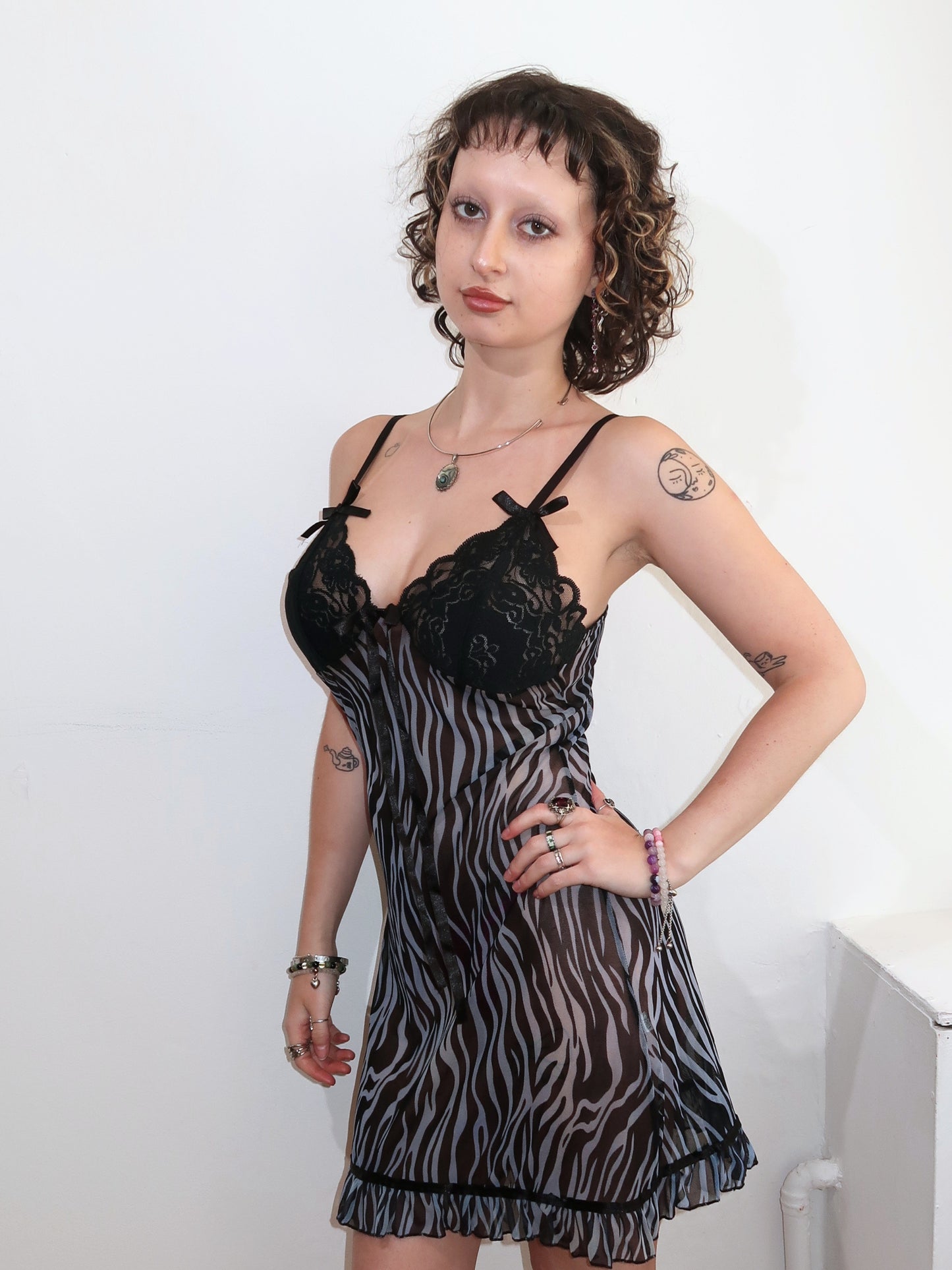 A067: “the temptation” | sheer mini dress with animal print and lace bust