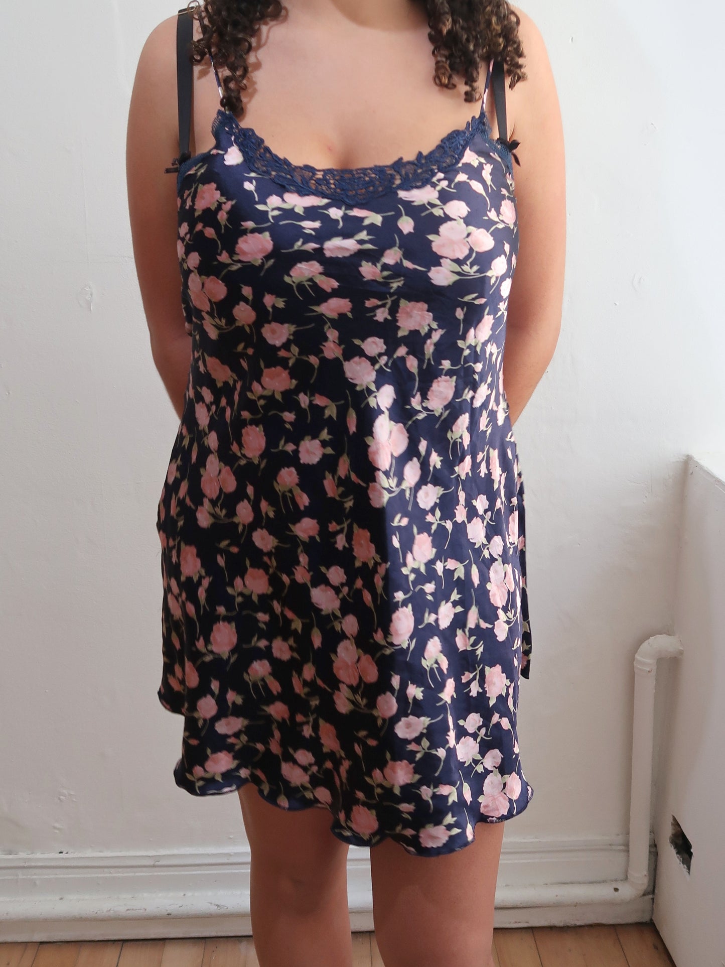 A066: “flowers in the night” | navy, floral shift dress with spaghetti straps
