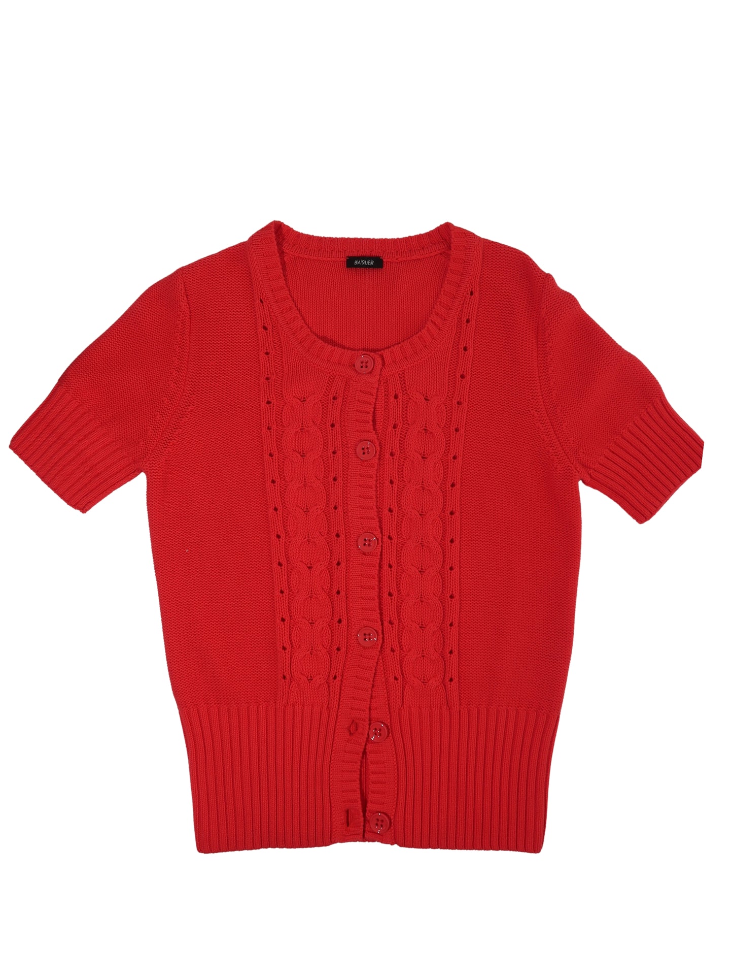 A062: “cool and cosy” | red knit short sleeve cardigan