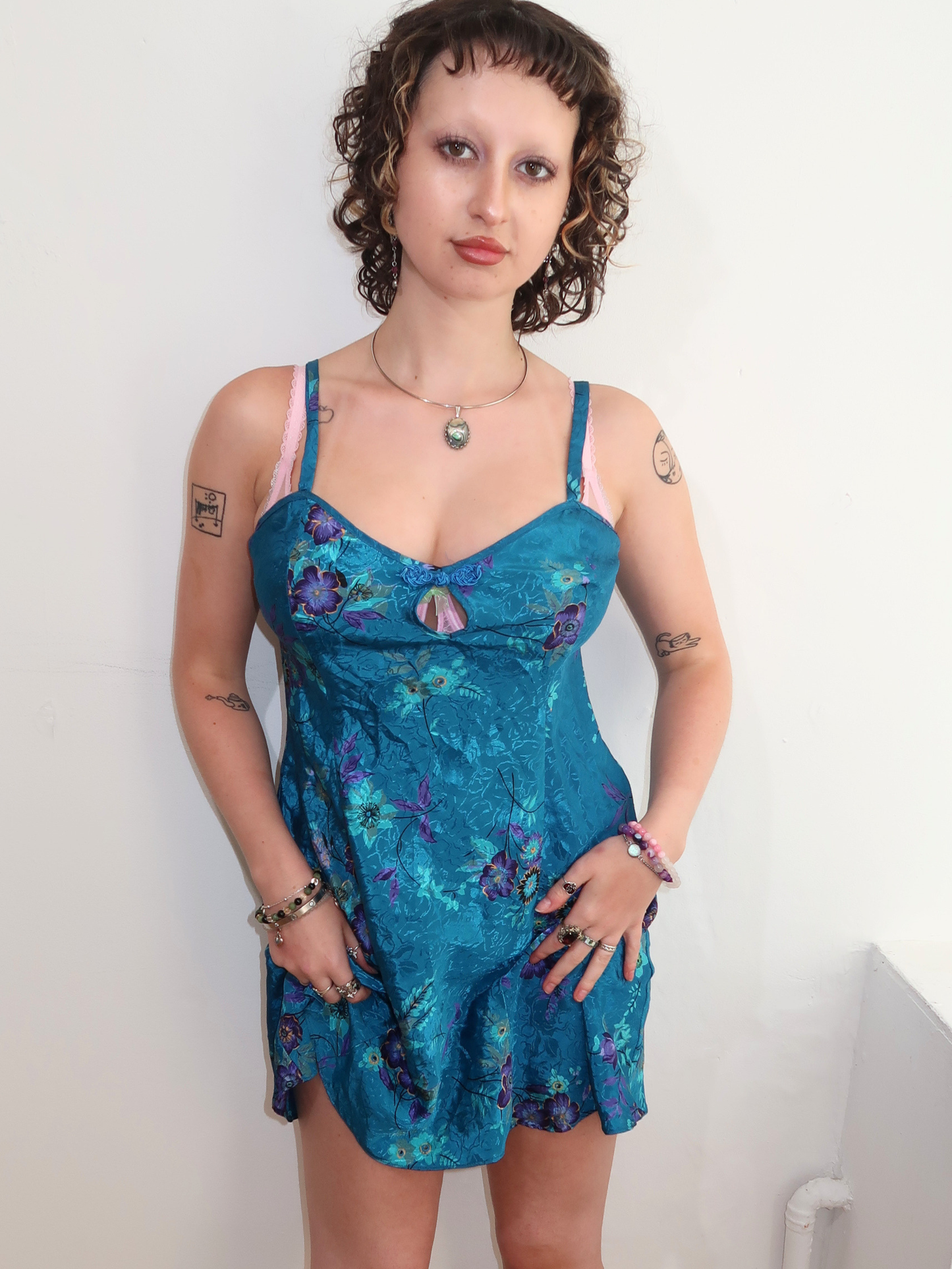A031: “mighnight” | teal blue floral mini dress