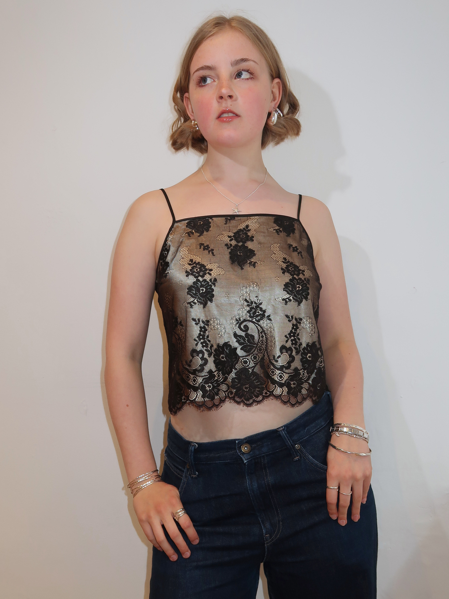 A034: “gold rush lace” | black laced, square necked cami