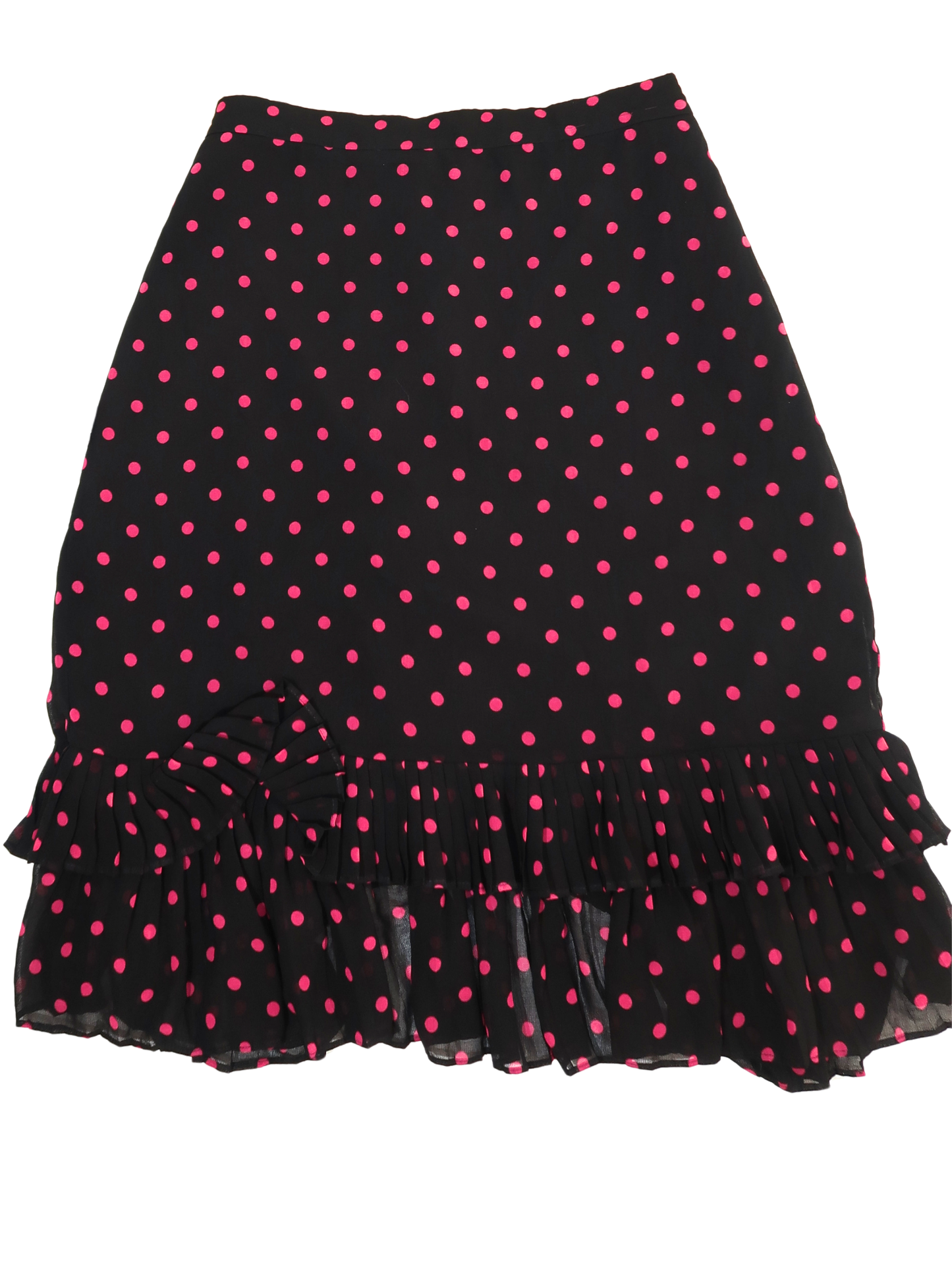 A048: “pink polka girl” | pink and black midi skirt with ruffled hem