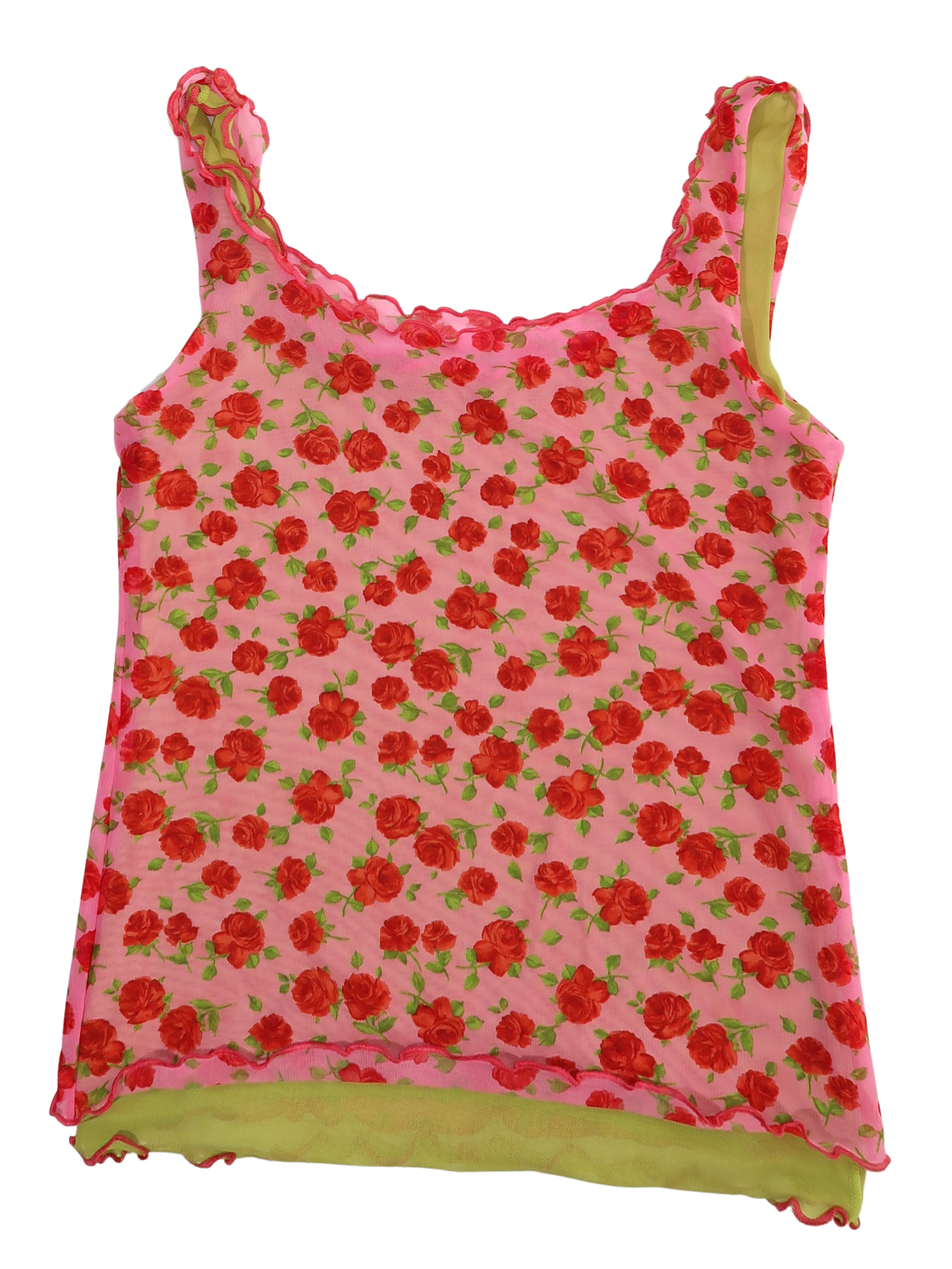 A045: “coming out roses” | double lined, reversible pink and green mesh rose tank top