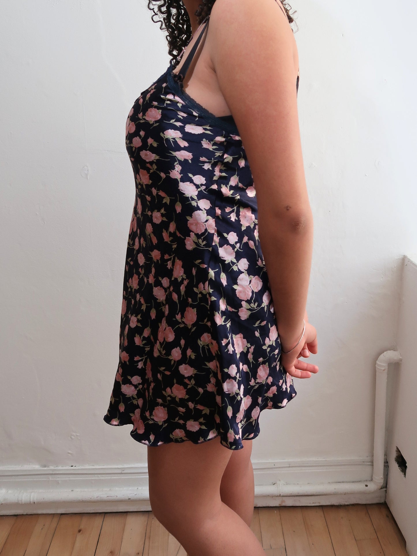 A066: “flowers in the night” | navy, floral shift dress with spaghetti straps