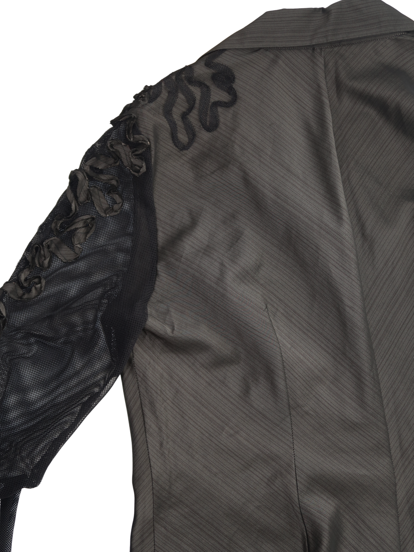 A036: “business on the body, party on the sleeves” | brown rosette collared shirt with mesh sleeves