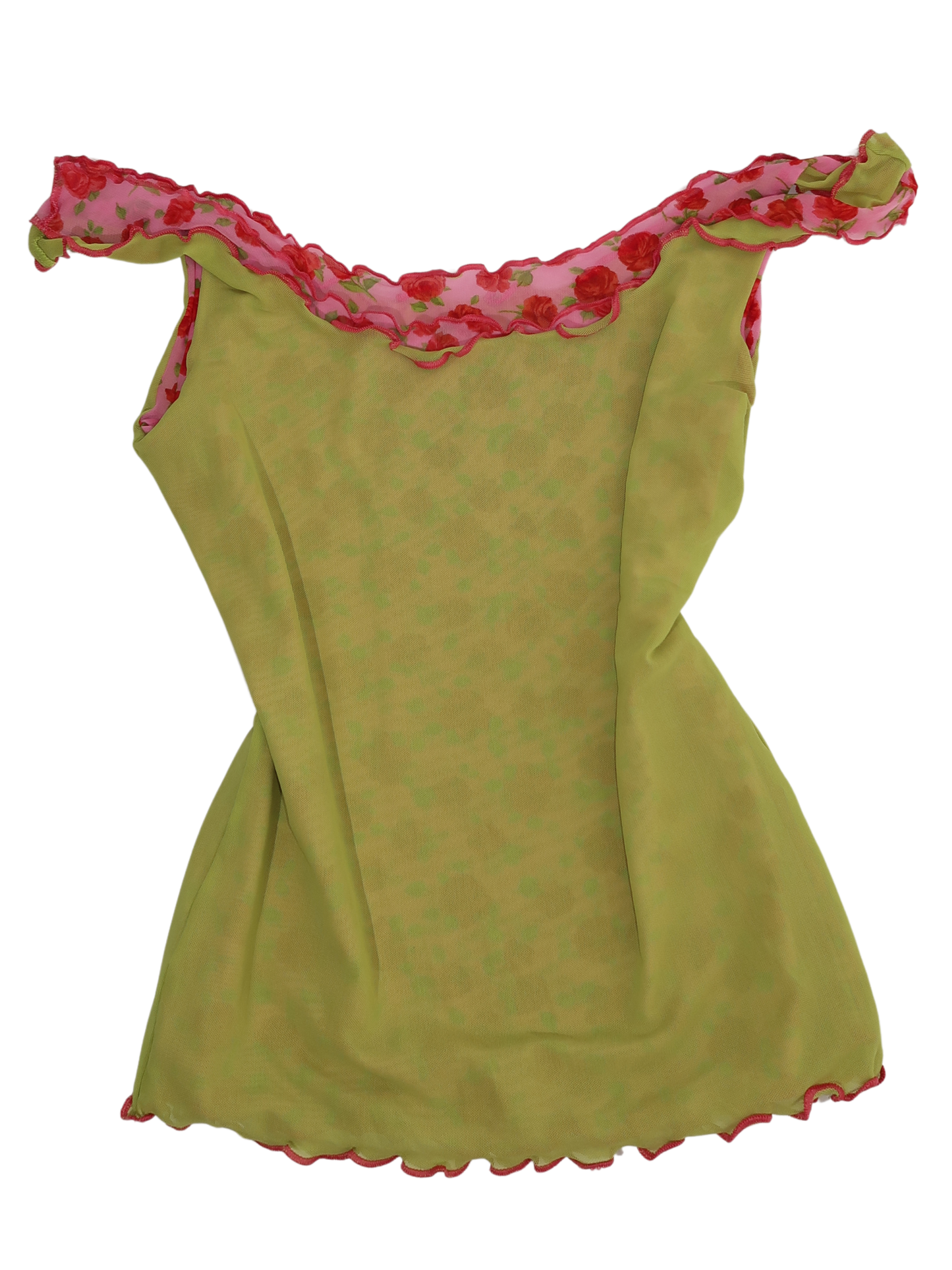 A045: “coming out roses” | double lined, reversible pink and green mesh rose tank top