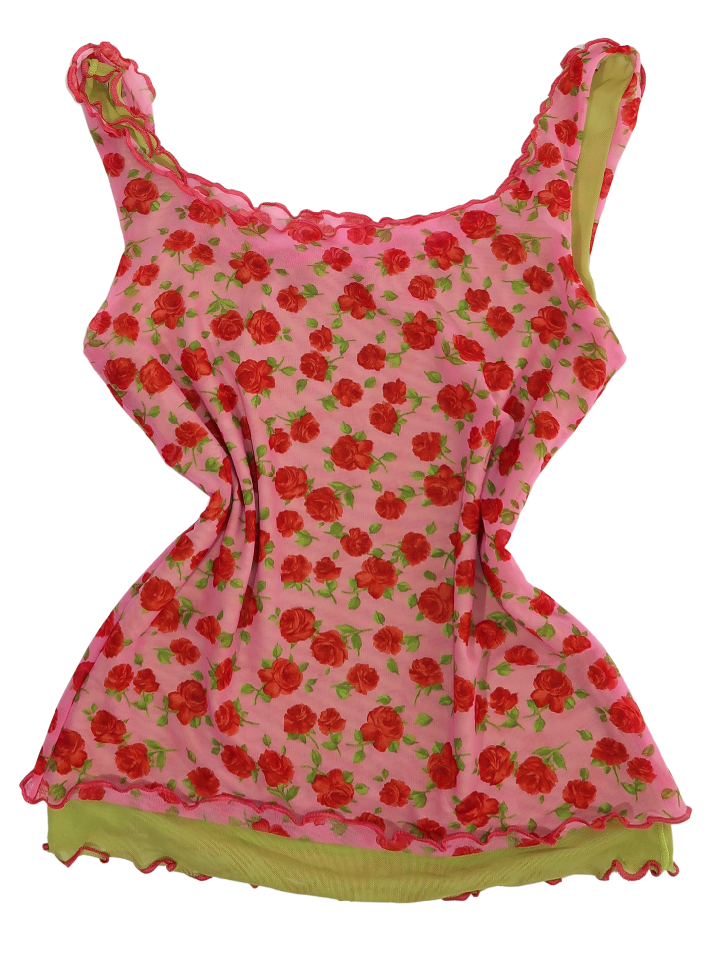 A045: “coming out roses” | double lined, reversible pink and green mesh rose tank top