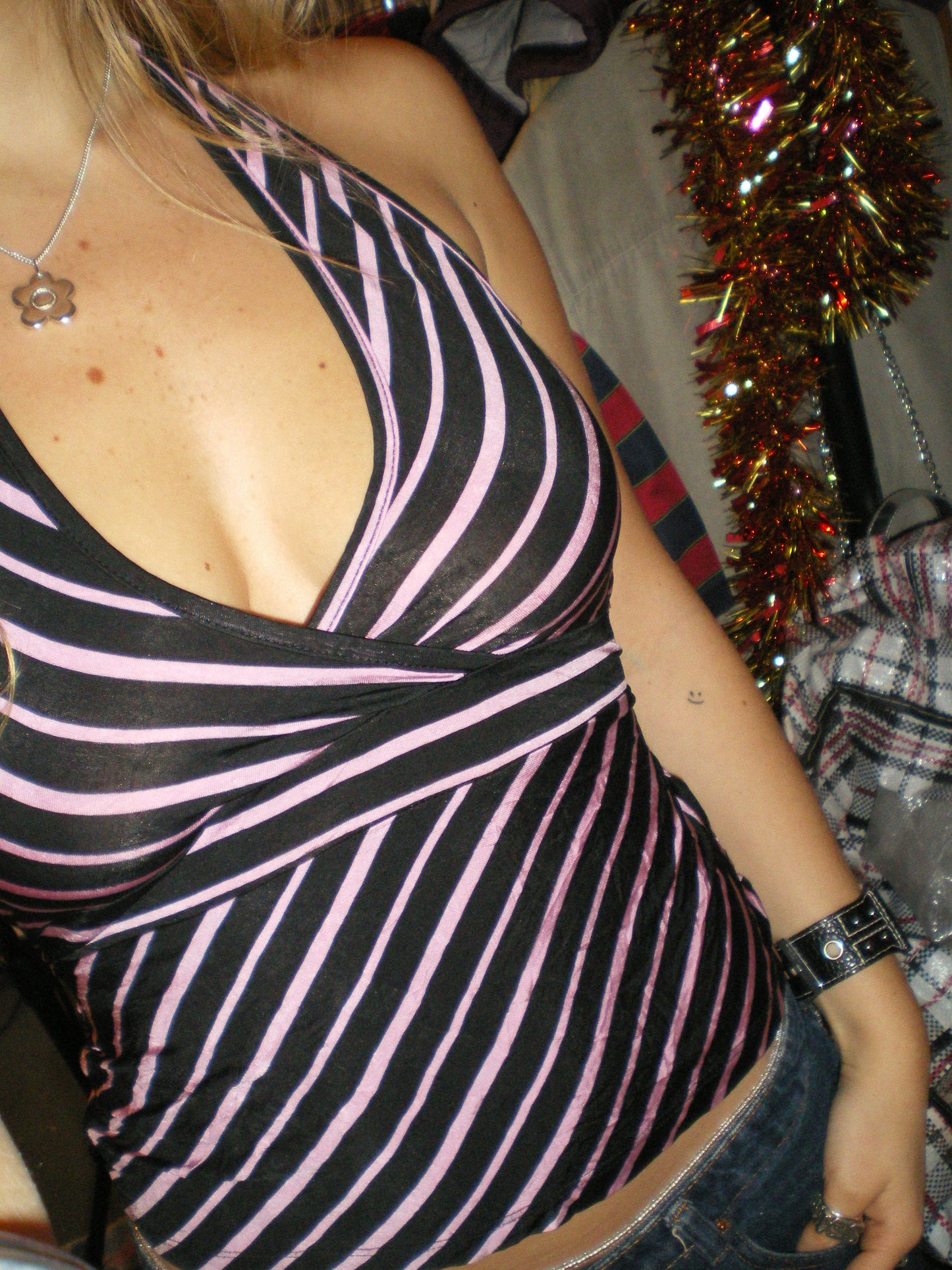 "she was a stoodio girl" | black and pink stripe halter top tie back