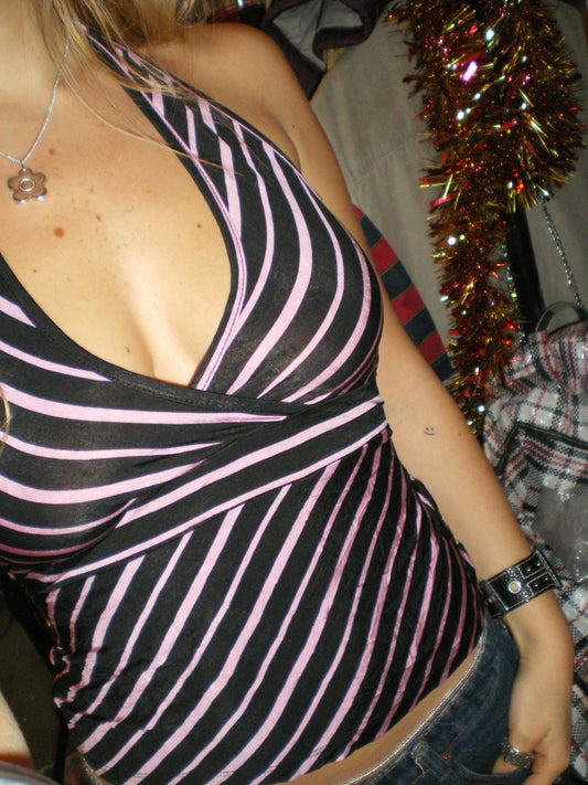 "she was a stoodio girl" | black and pink stripe halter top tie back