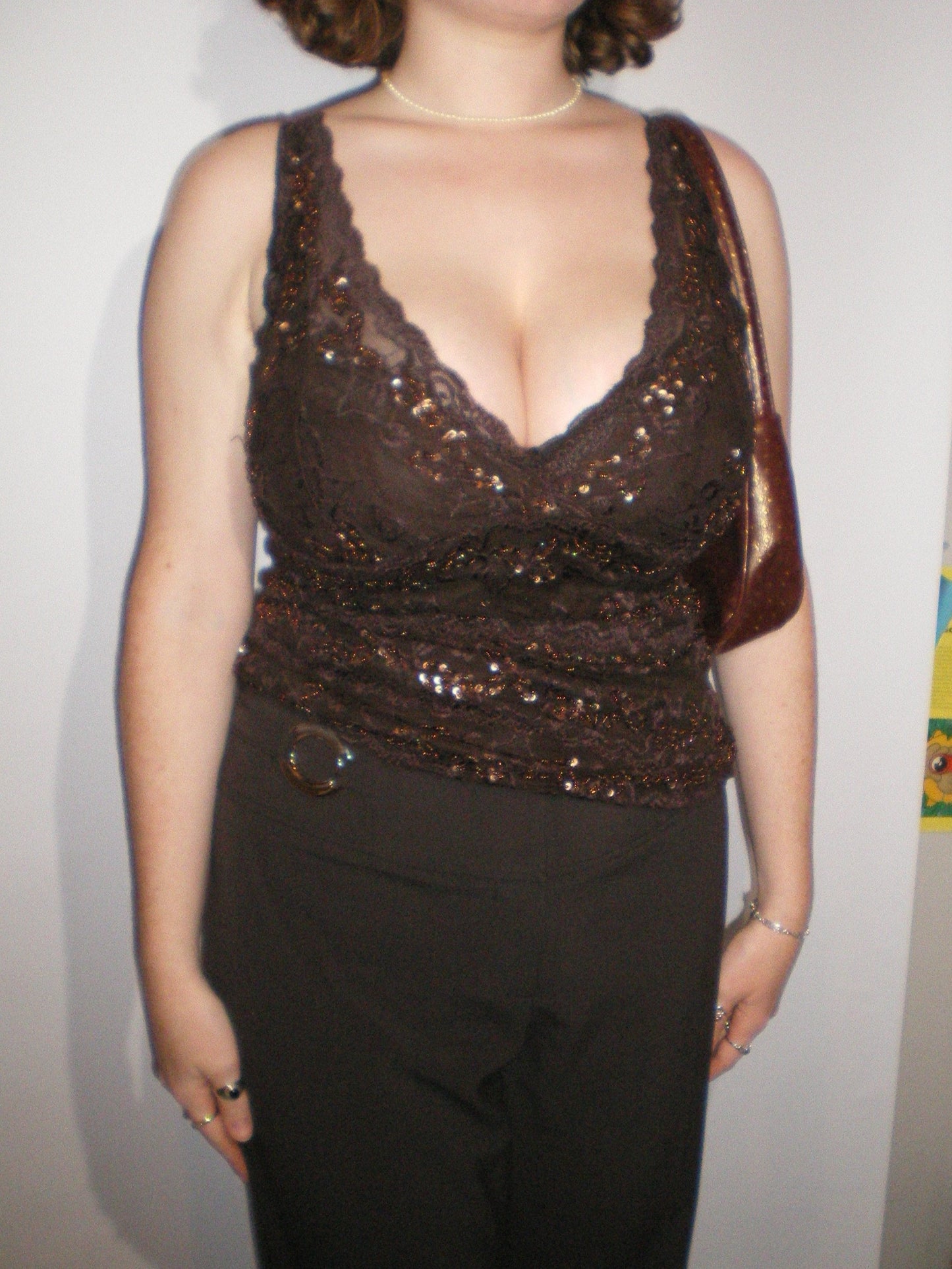 A090: “her name is serena” | Y2K embellished lace sequin top - brown