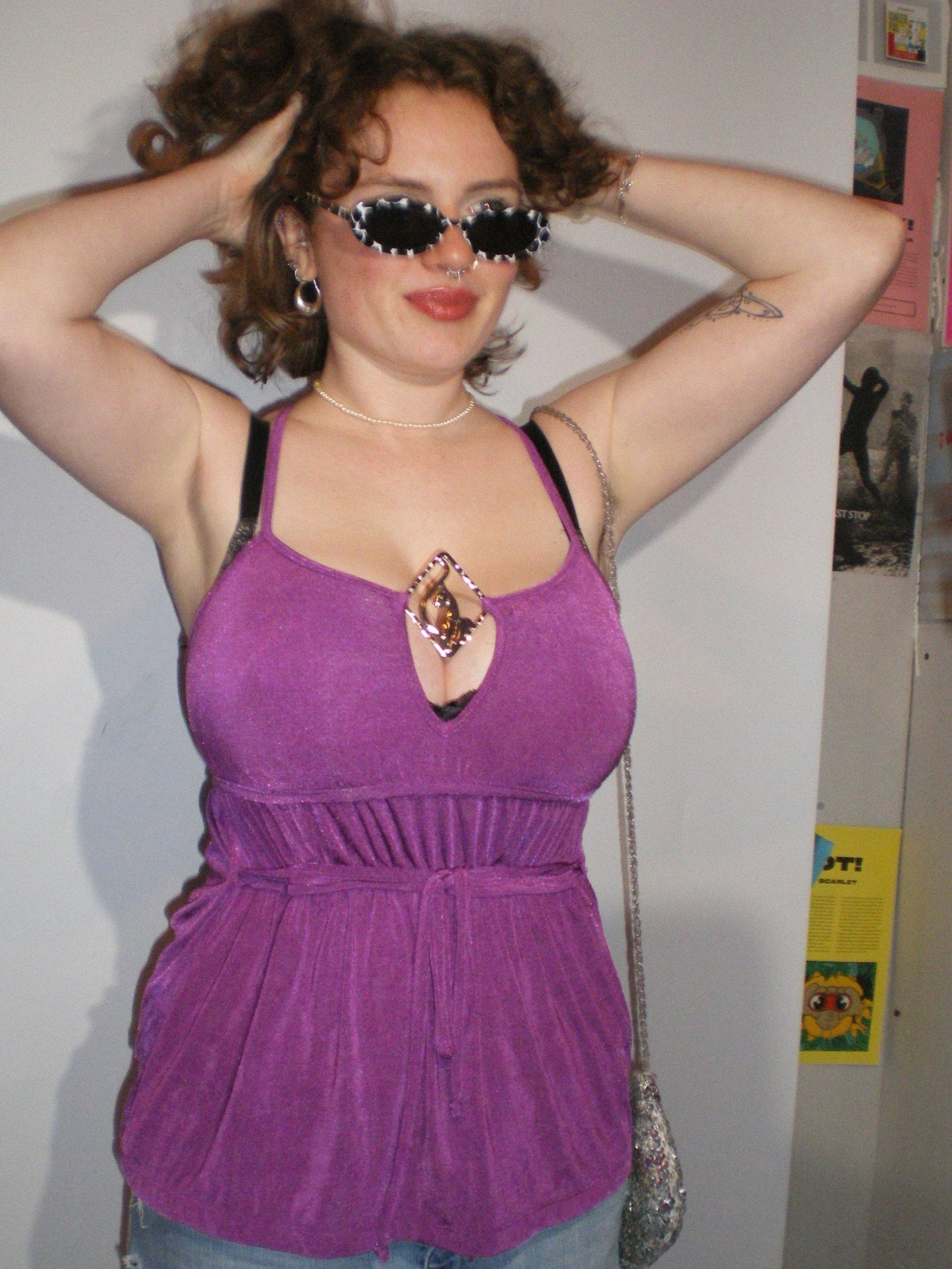 A088: “baby cakes you just don't know know” | Y2K baby phat purple logo hardware detail cami