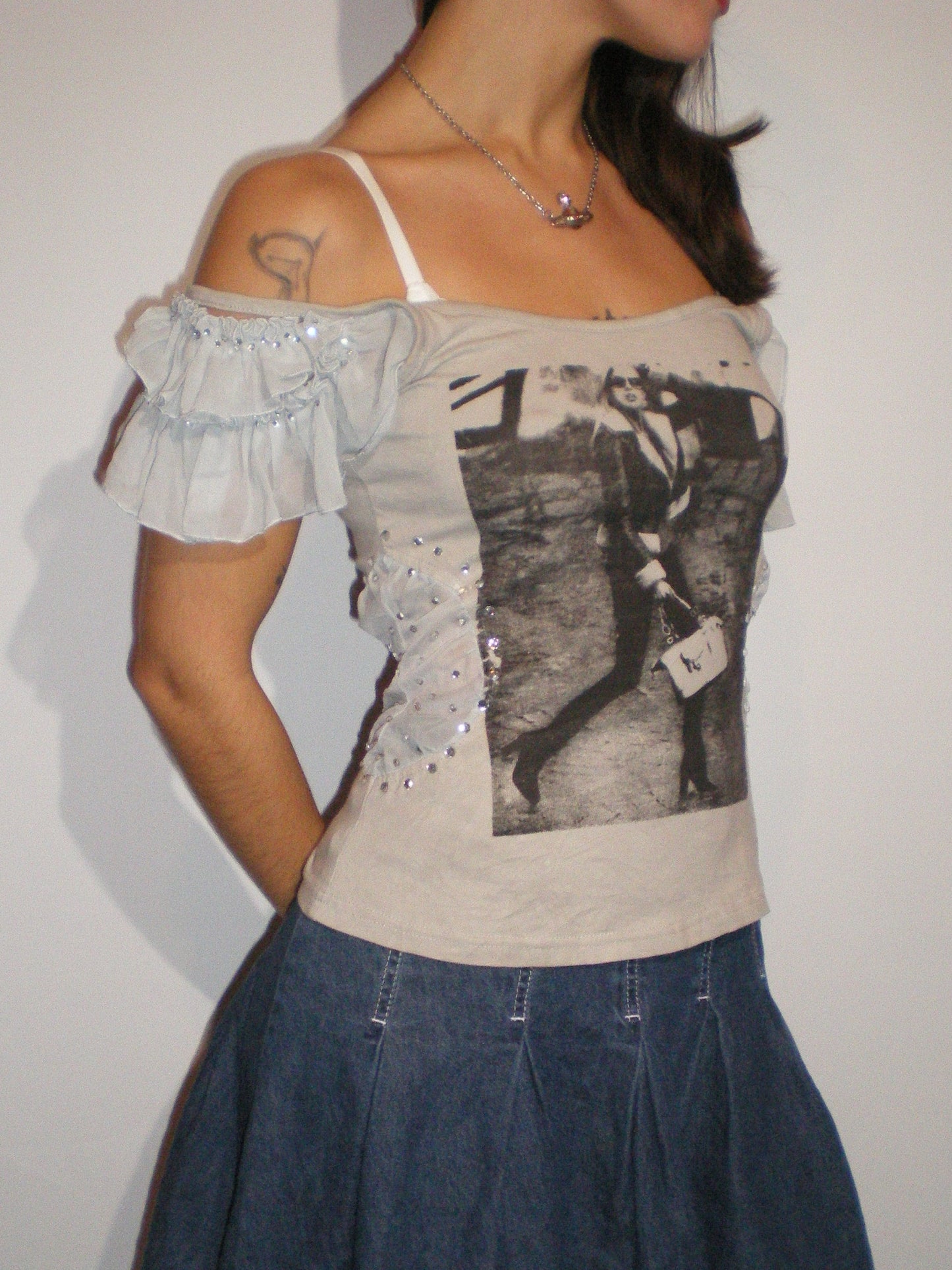 “she was a stoodio girl” | Y2K rhinestone ruffle graphic cami - dove grey