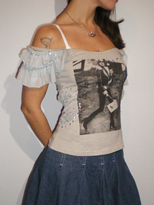 “she was a stoodio girl” | Y2K rhinestone ruffle graphic cami - dove grey
