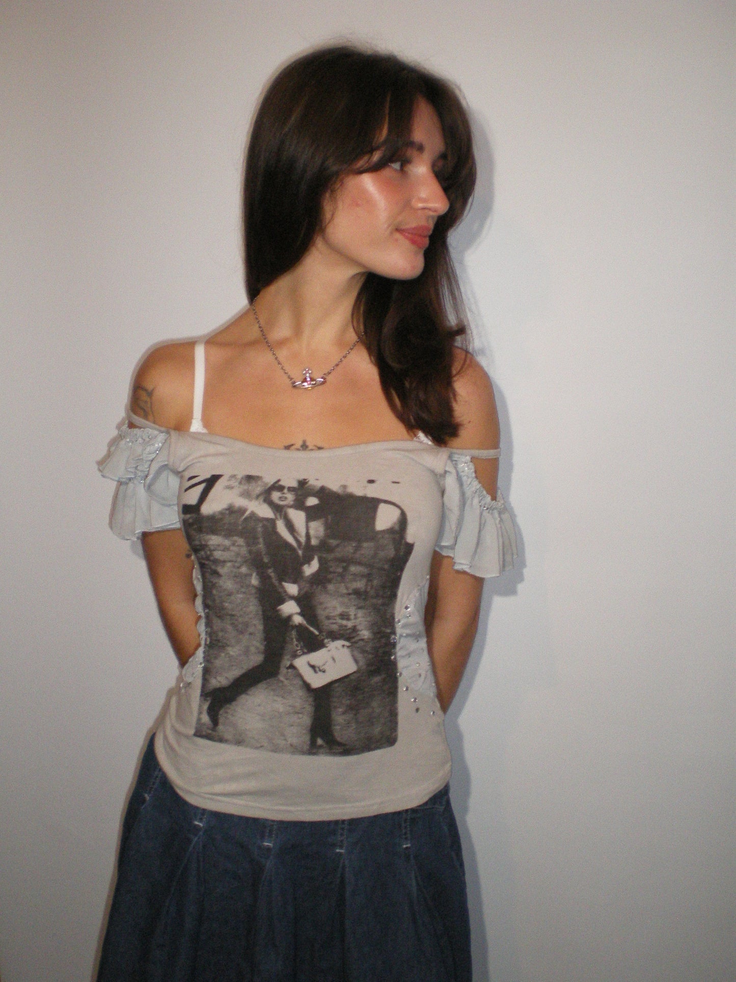 “she was a stoodio girl” | Y2K rhinestone ruffle graphic cami - dove grey