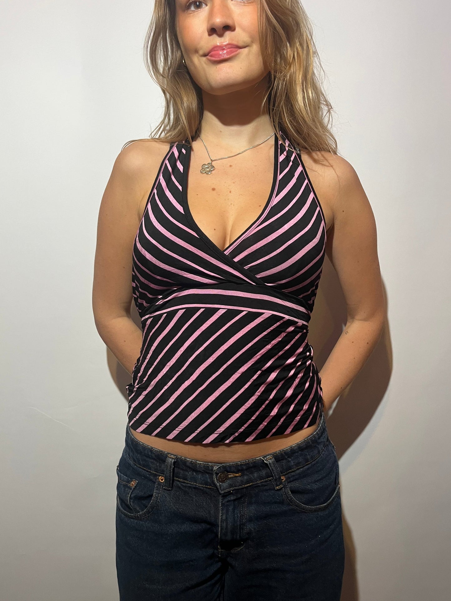 "she was a stoodio girl" | black and pink stripe halter top tie back