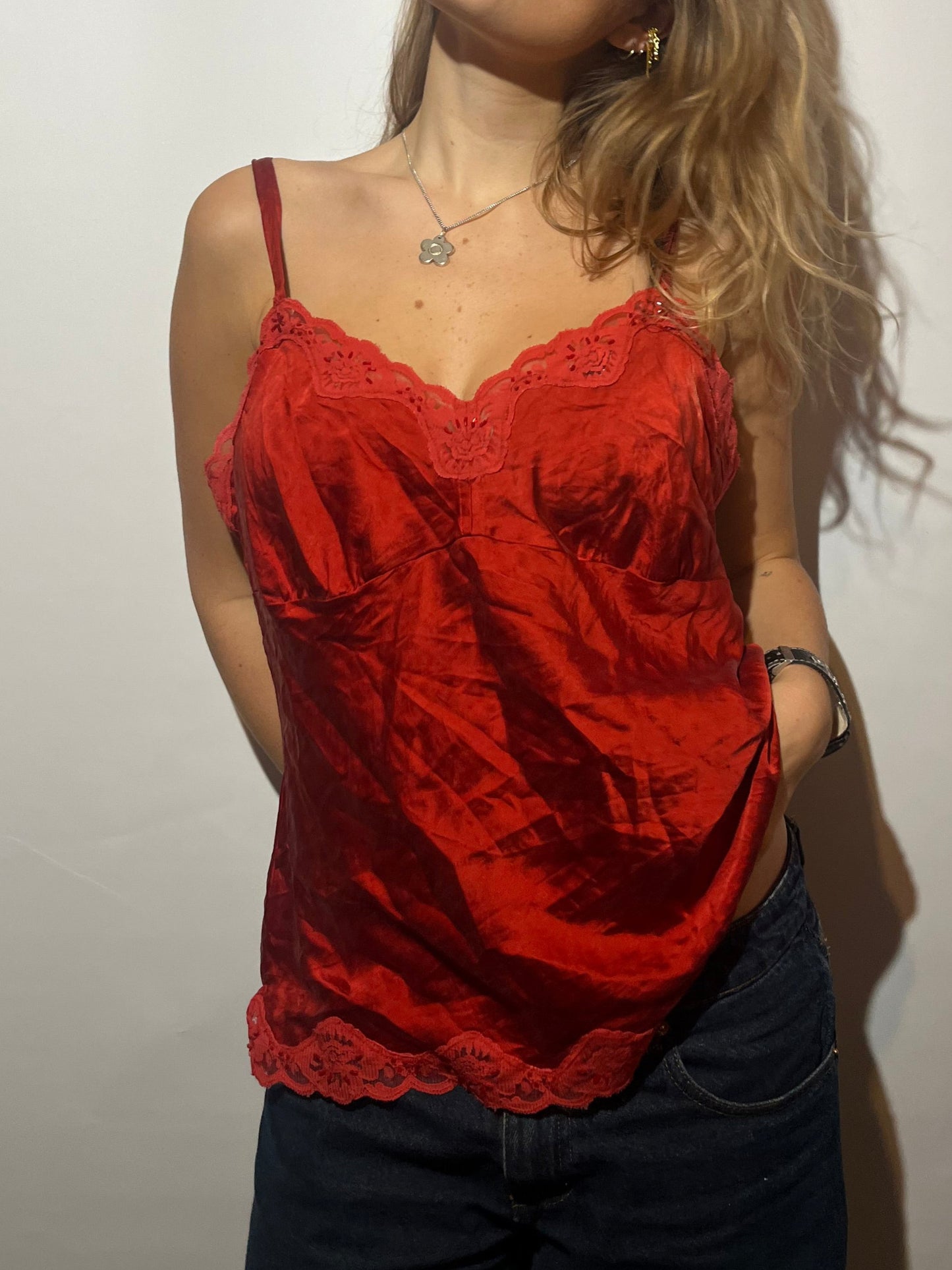 A089: “lady in reeddd” | vintage 100% silk lace trim cami - ruby red