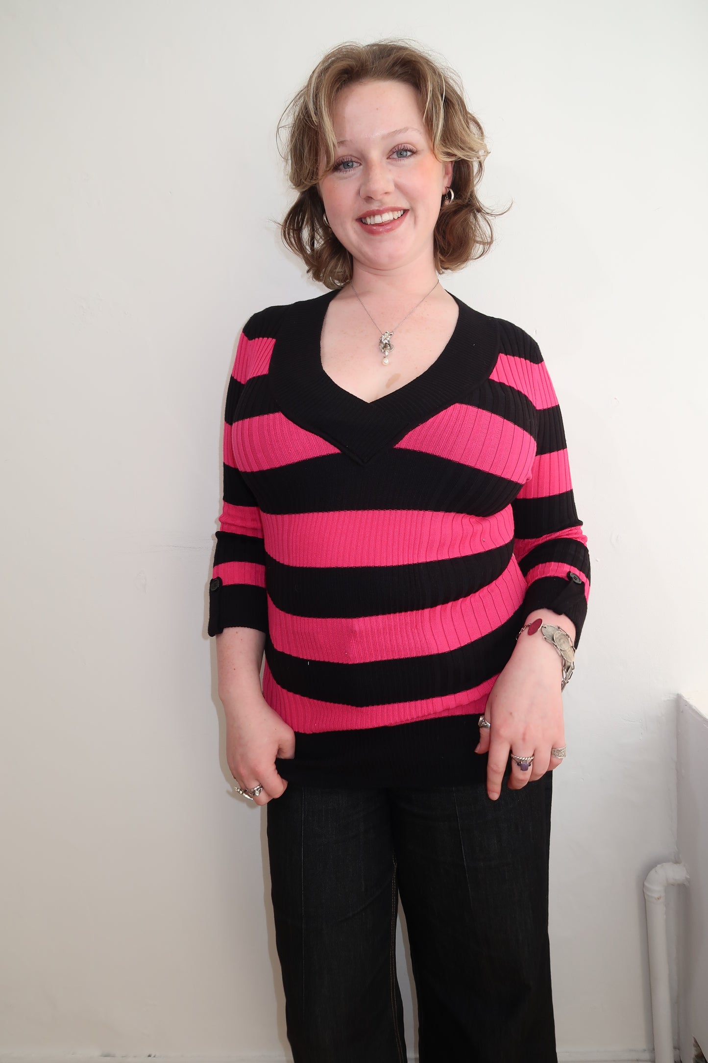 A014: “denice the menice” | v neck grunge striped jumper