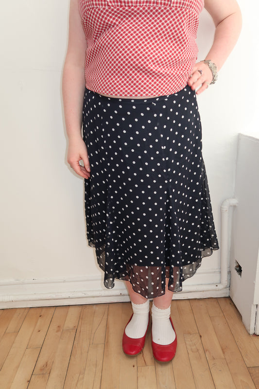 A068: “dot diva” | black polka dot midi skirt