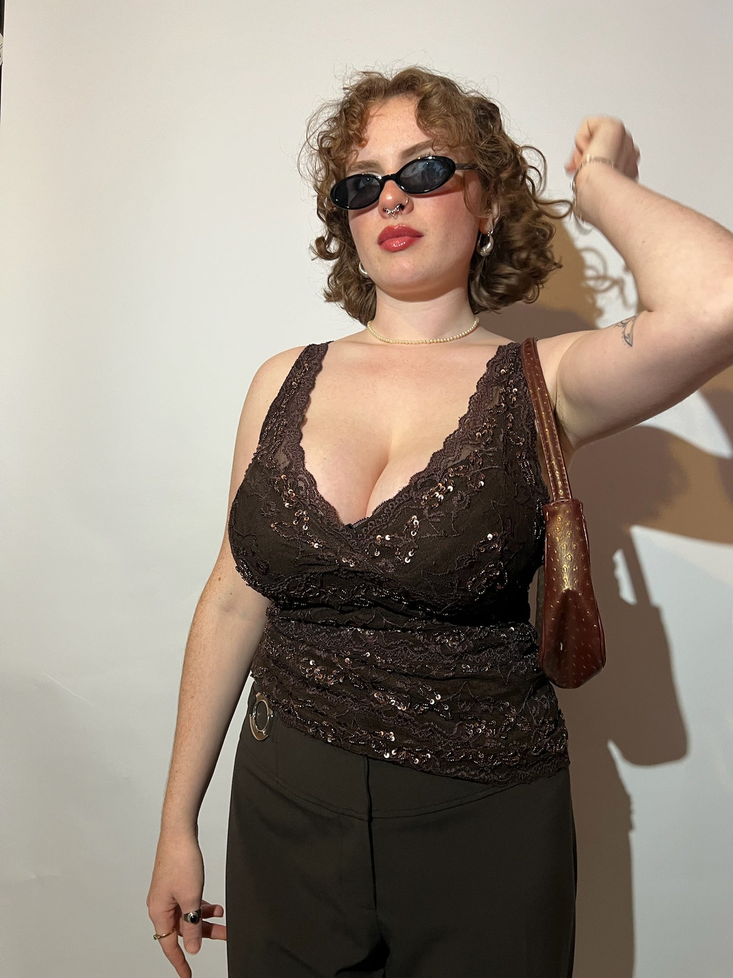 A090: “her name is serena” | Y2K embellished lace sequin top - brown